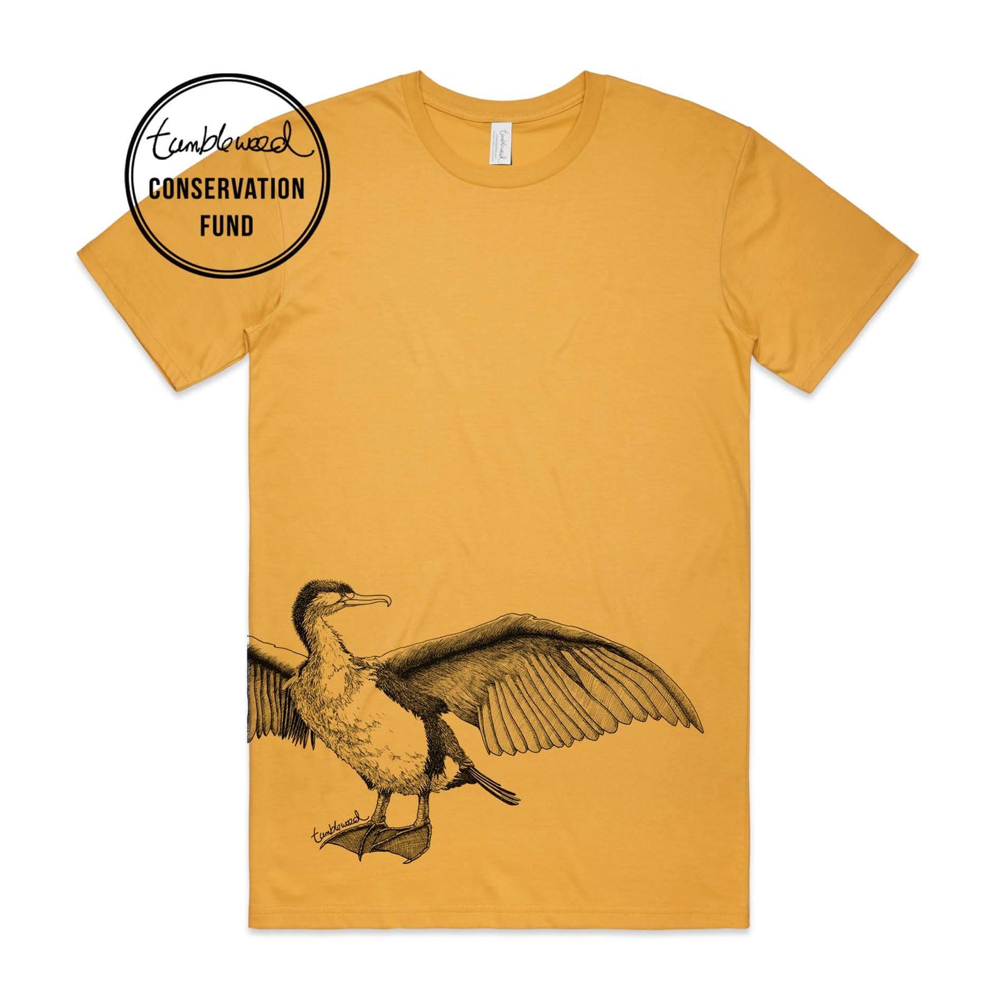Mustard, female t-shirt featuring a screen printed Shag design.