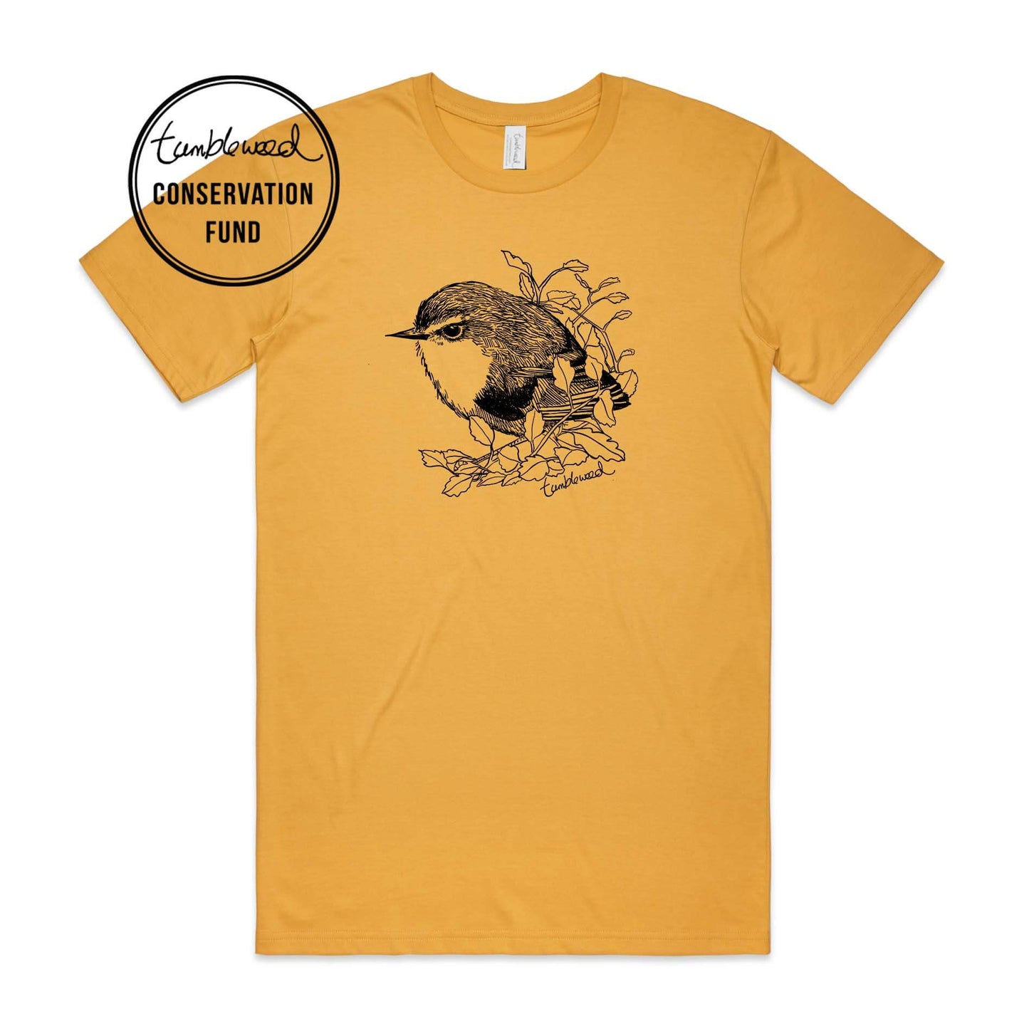 Charcoal, male t-shirt featuring a screen printed titipounamu/rifleman design.