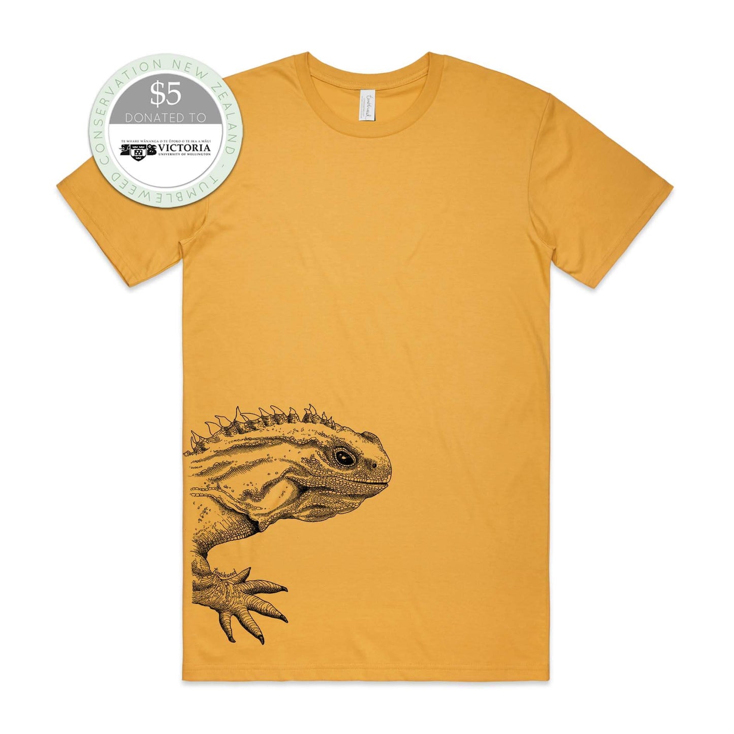 White, female t-shirt featuring a screen printed Tuatara design.