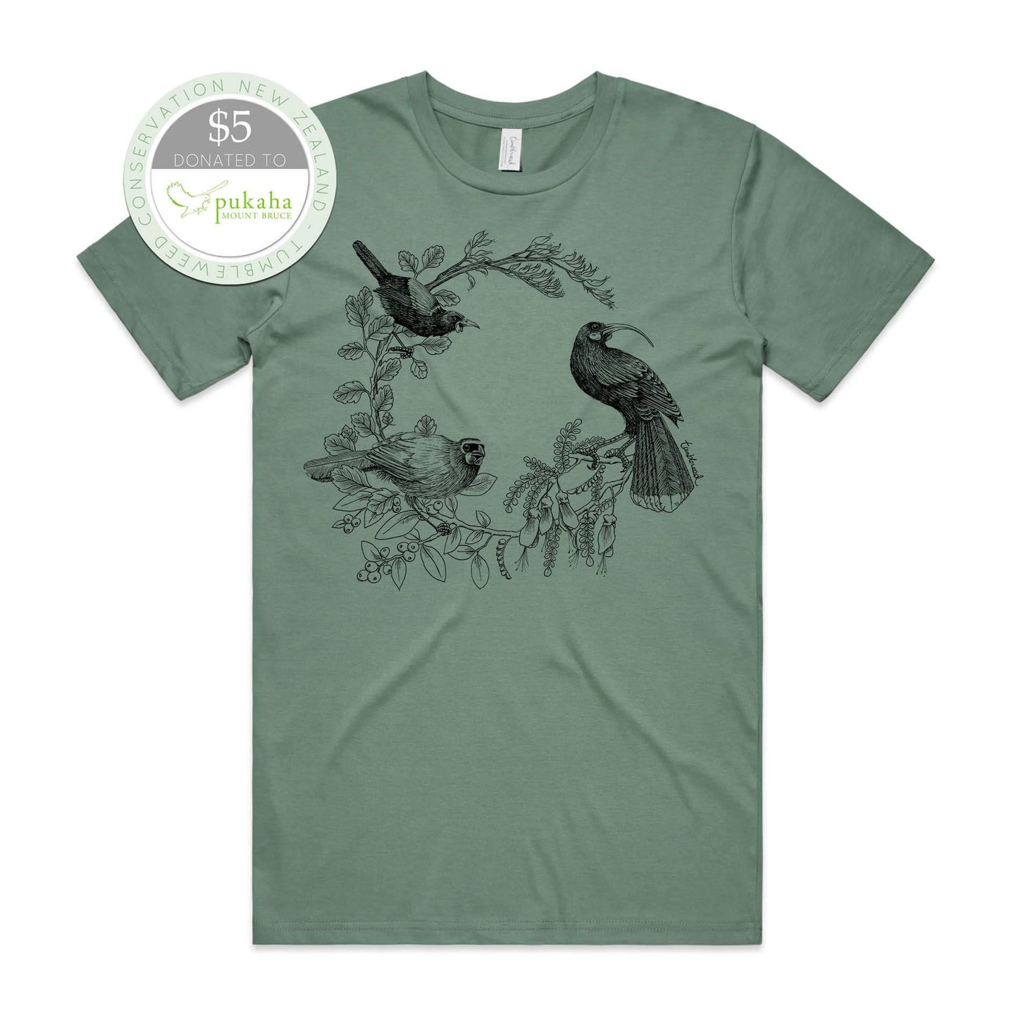 Mustard, female t-shirt featuring a screen printed Kōkako huia saddleback/tīeke design.