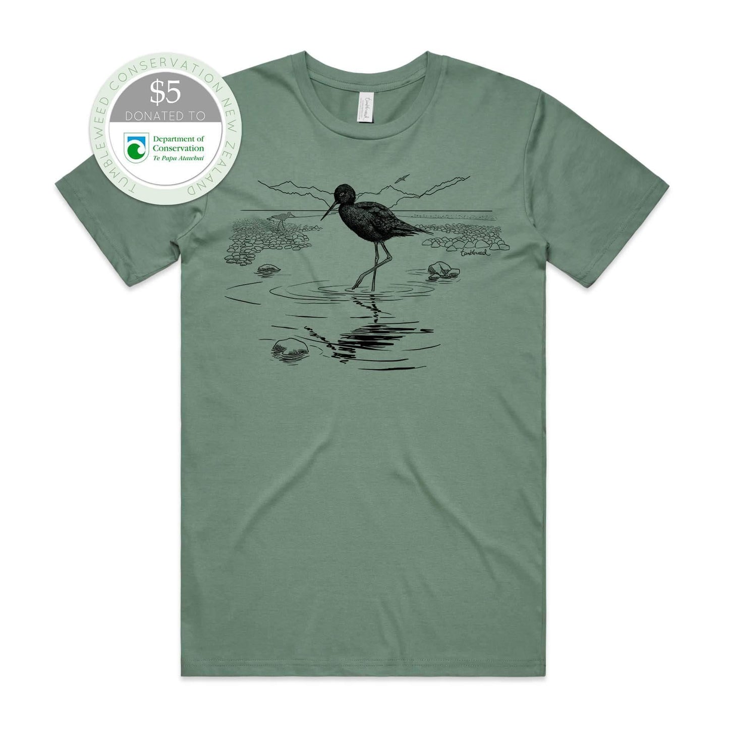 Sage, female t-shirt featuring a screen printed black stilt/kaki design.