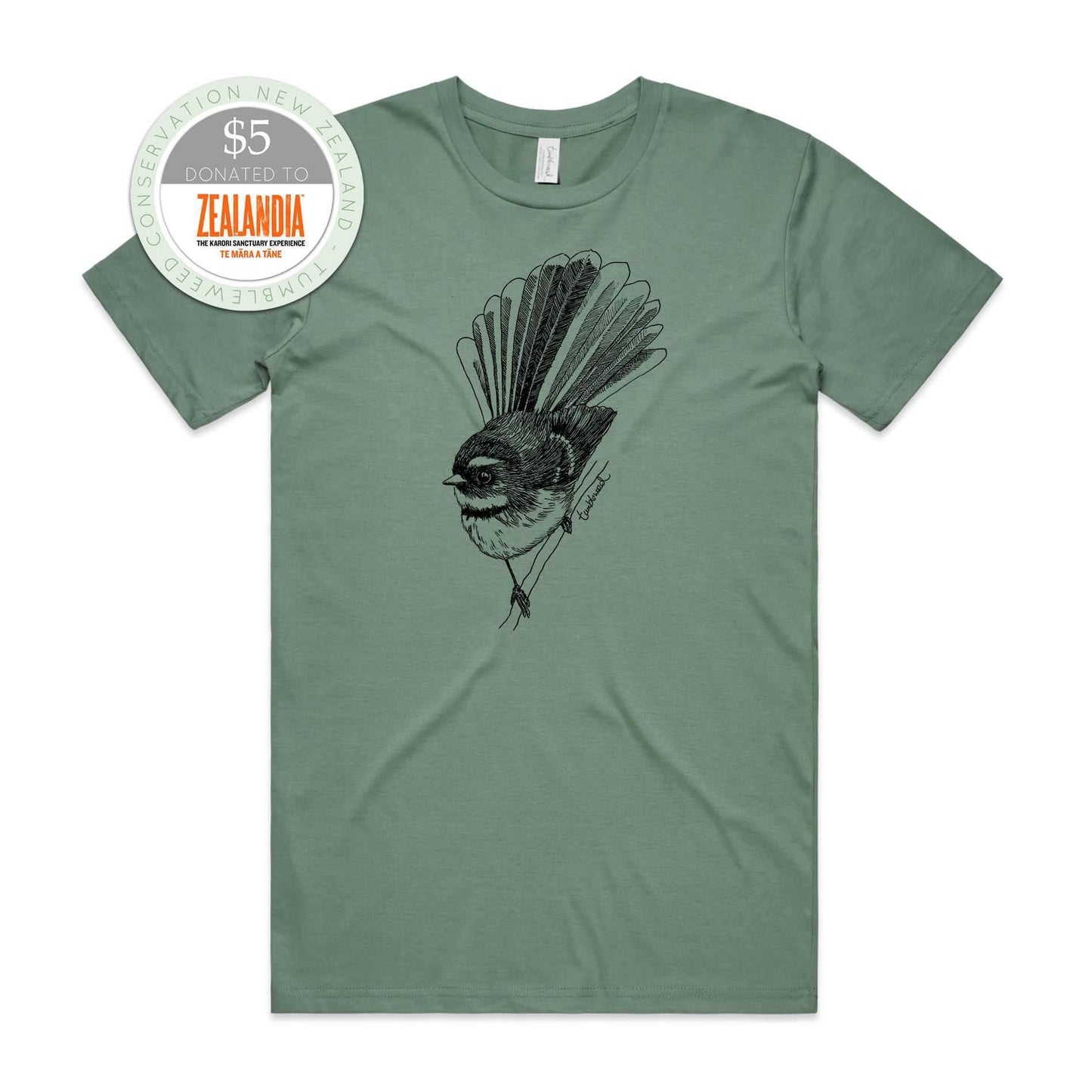 Mustard, female t-shirt featuring a screen printed black Fantail/Pīwakawaka design.