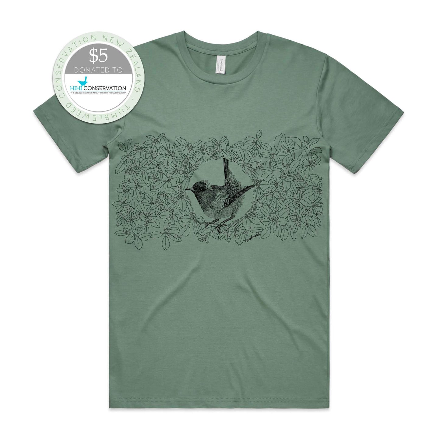 Sage, female t-shirt featuring a screen printed Hihi/Stitchbird design.