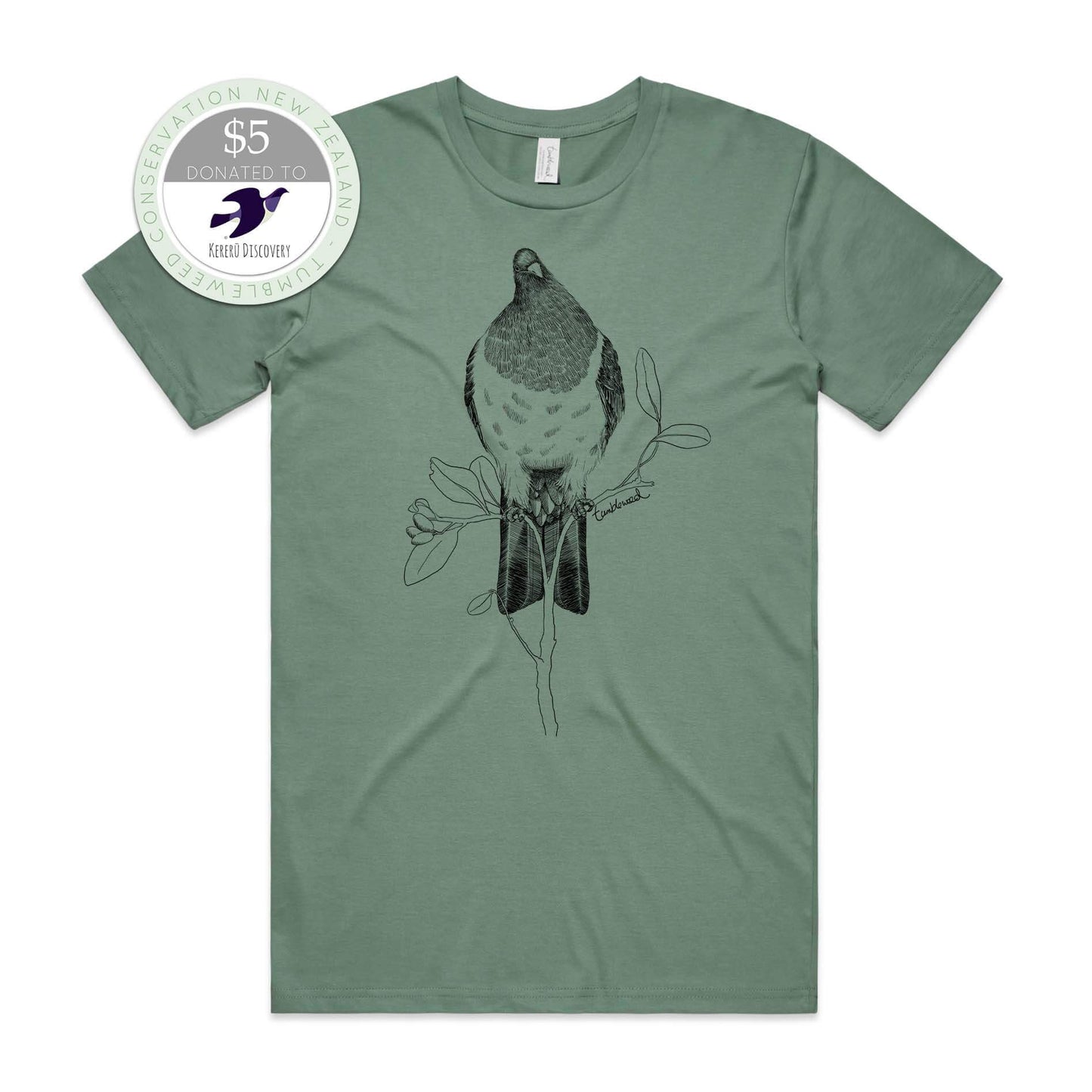 Sage, female t-shirt featuring a screen printed kereru design.