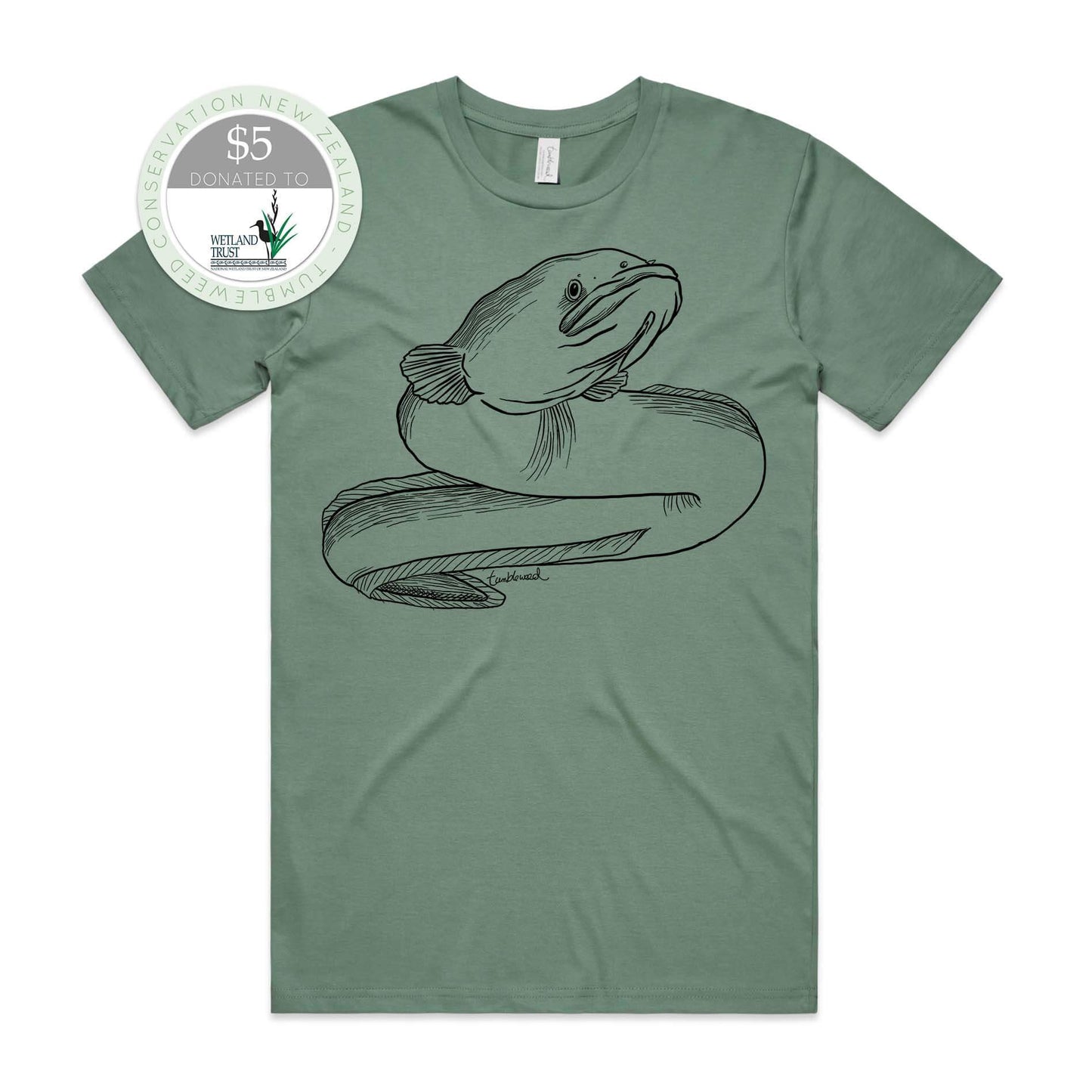 Mustard, female t-shirt featuring a screen printed Longfin Eel/Tuna design.