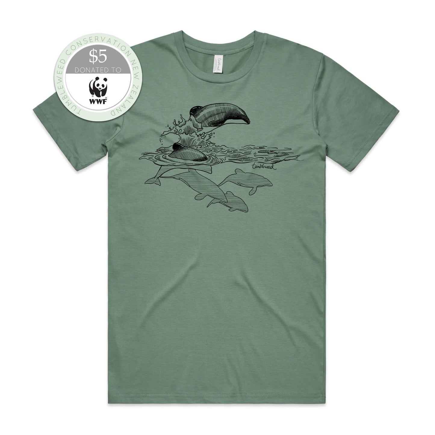 Sage, female t-shirt featuring a screen printed Māui dolphin design.