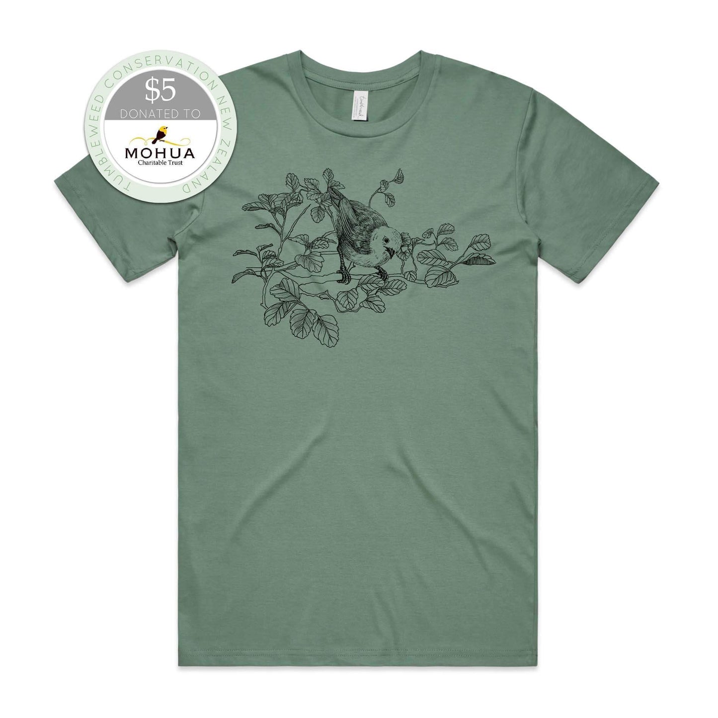 Sage, female t-shirt featuring a screen printed Mōhua/Yellowhead design.