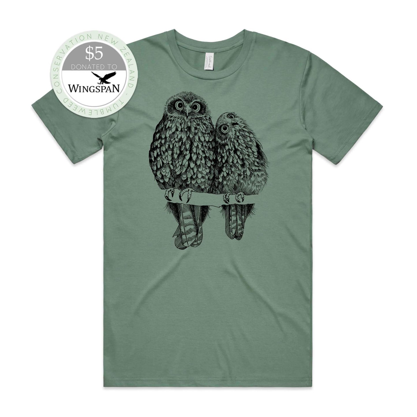 Sage, female t-shirt featuring a screen printed Morepork/Ruru design.