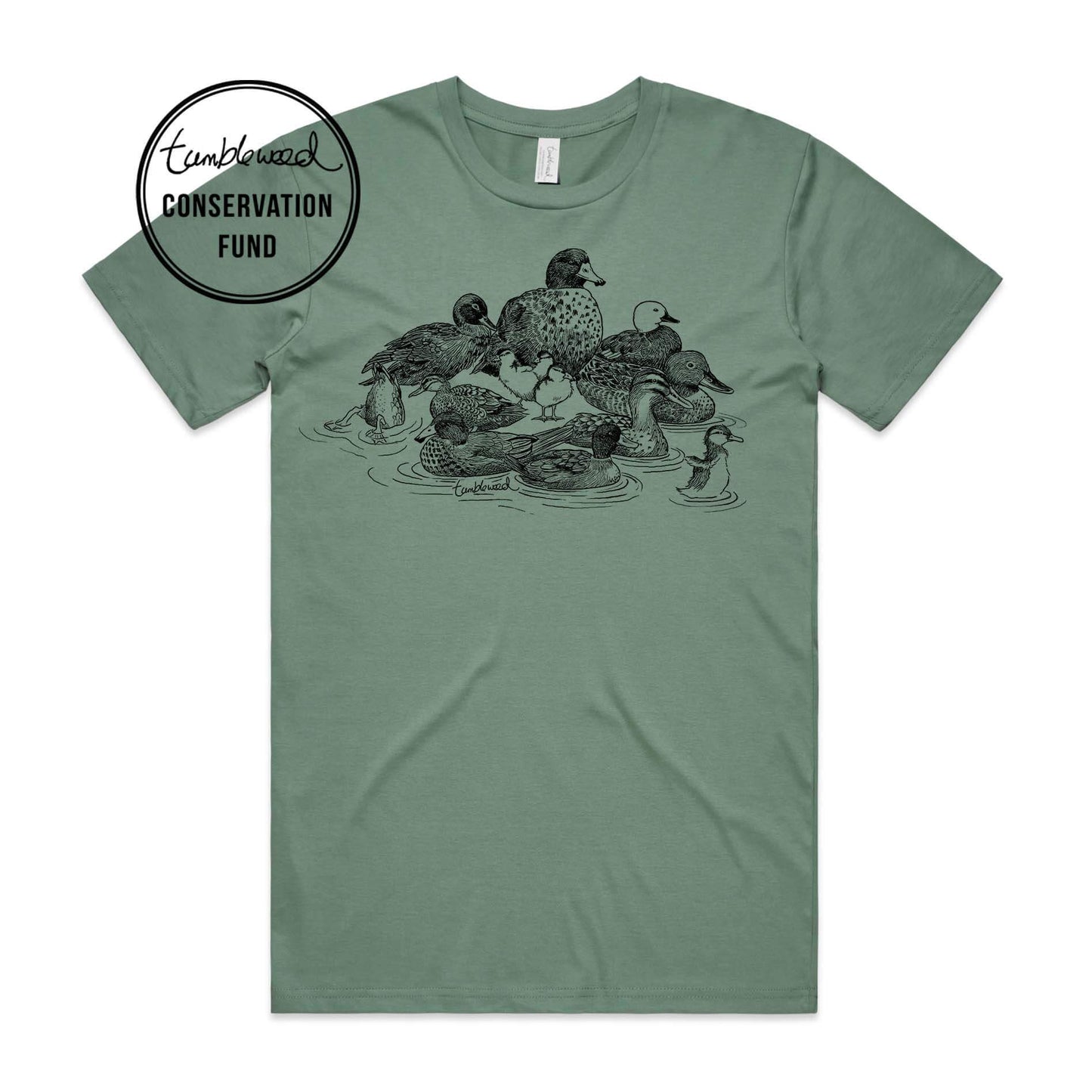 Sage, female t-shirt featuring a screen printed NZ Ducks design.