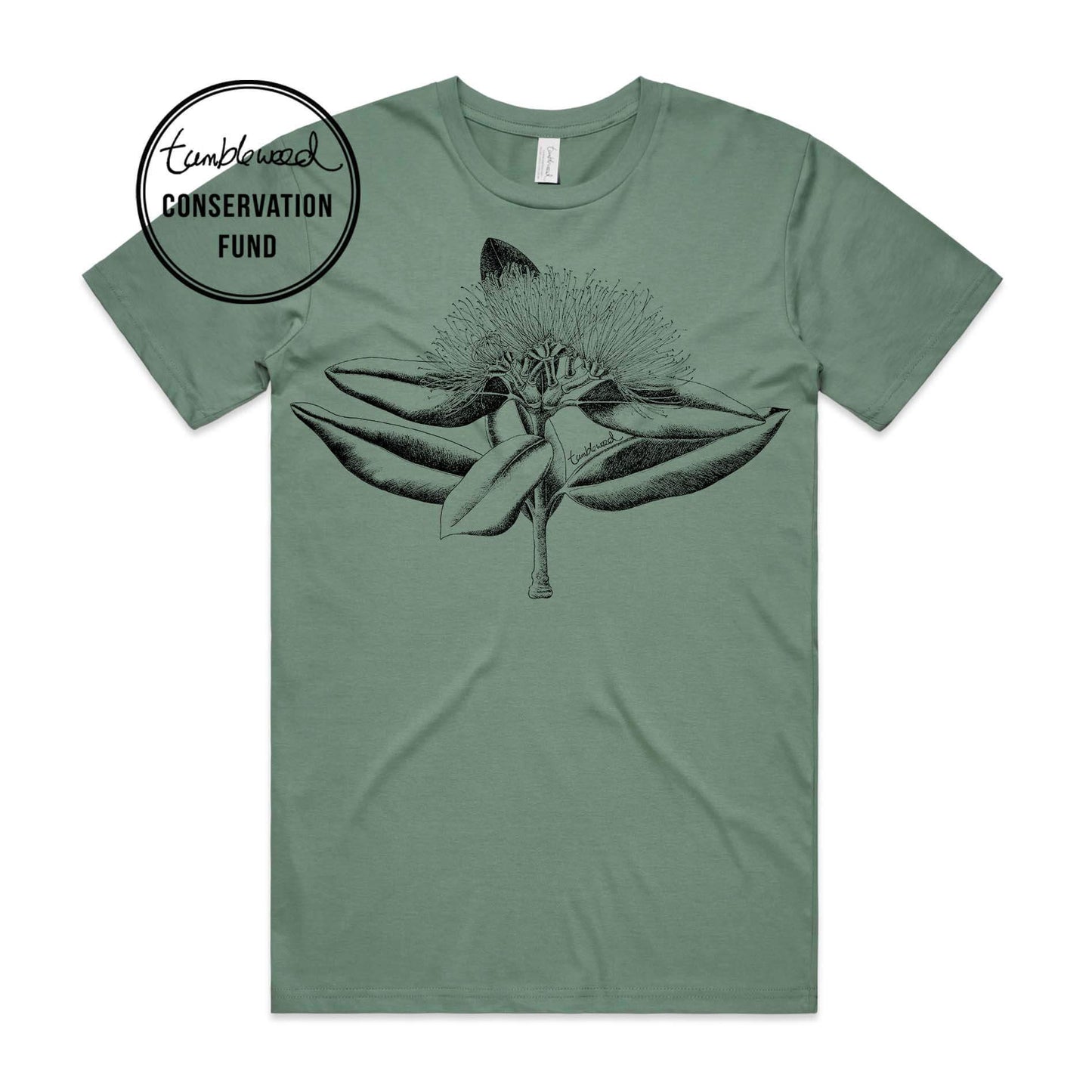 Sage, female t-shirt featuring a screen printed Pōhutukawa design.