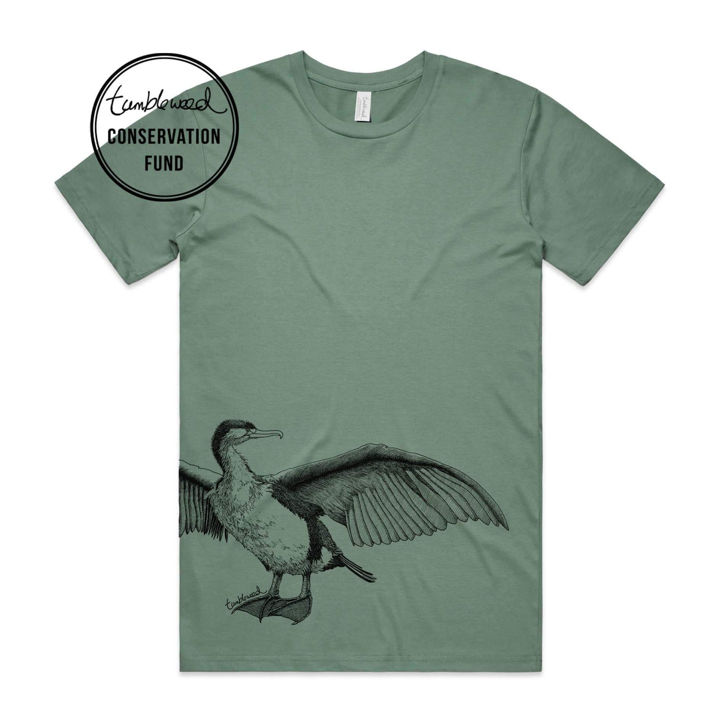 Sage, female t-shirt featuring a screen printed Shag design.
