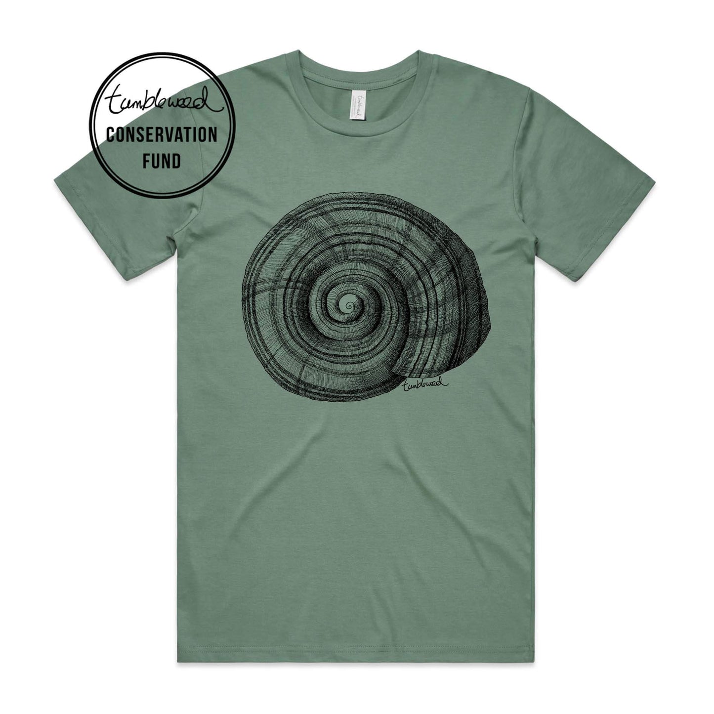 Sage, female t-shirt featuring a screen printed NZ Snail design.