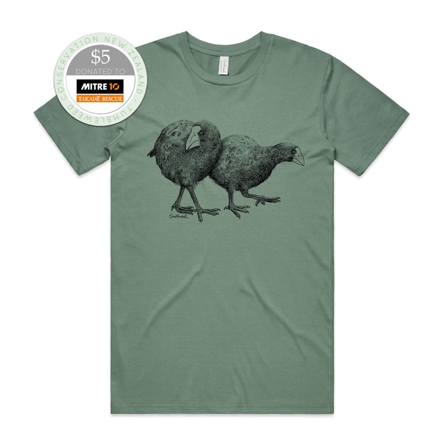 Sage, female t-shirt featuring a screen printed Takahē design.