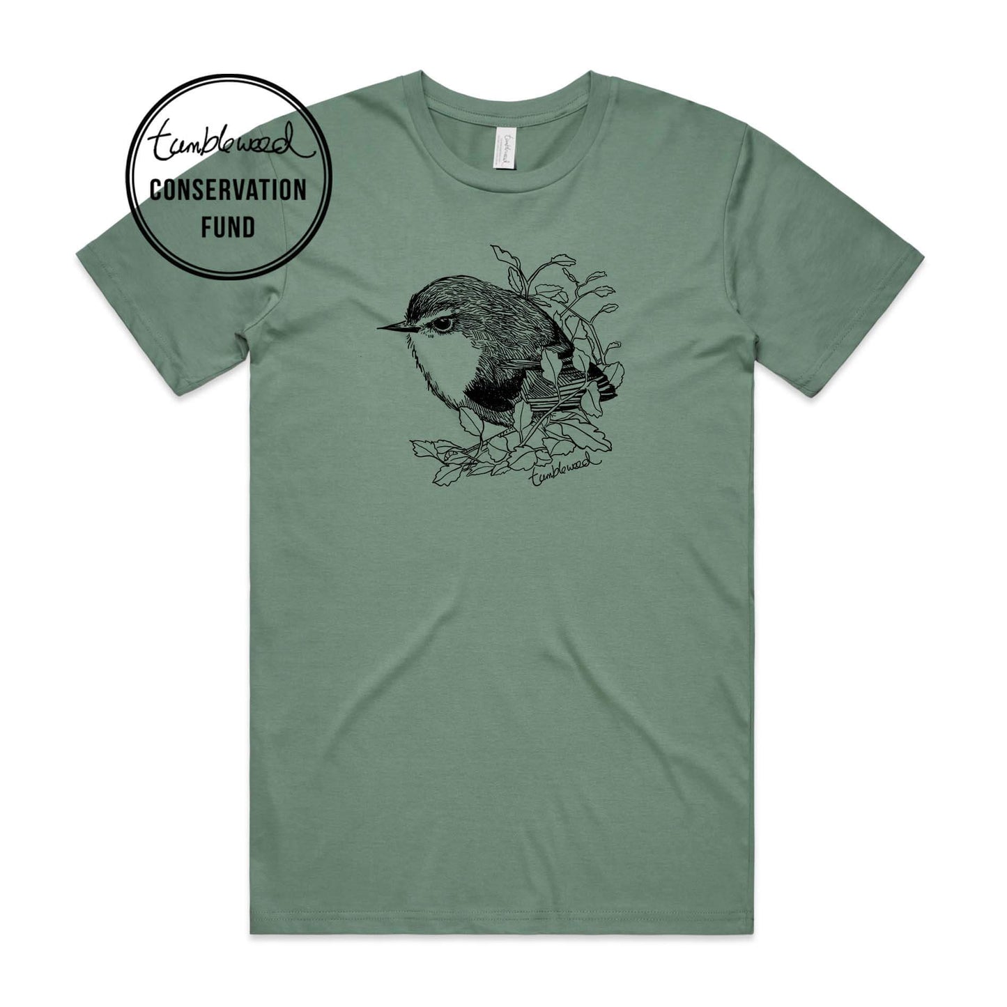 Mustard, male t-shirt featuring a screen printed titipounamu/rifleman design.