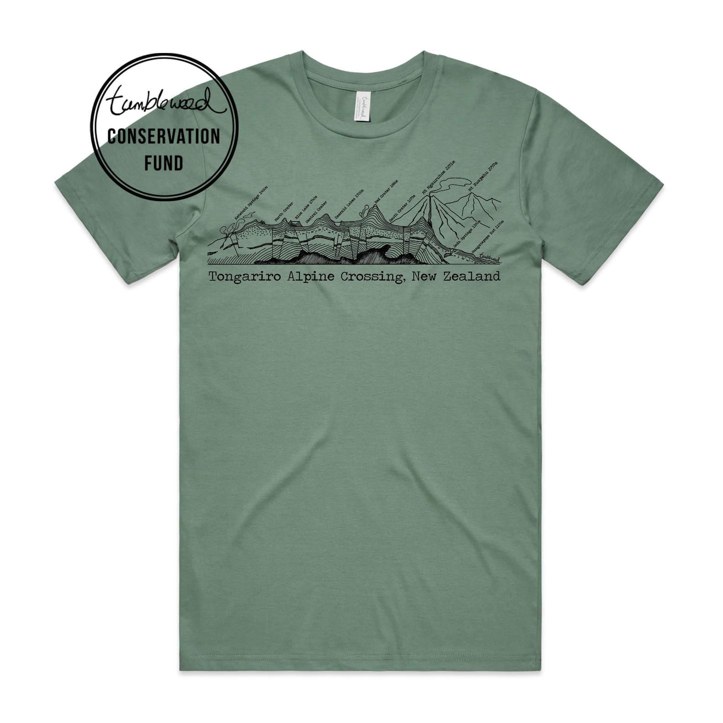 Sage, female t-shirt featuring a screen printed Tongariro Crossing design.
