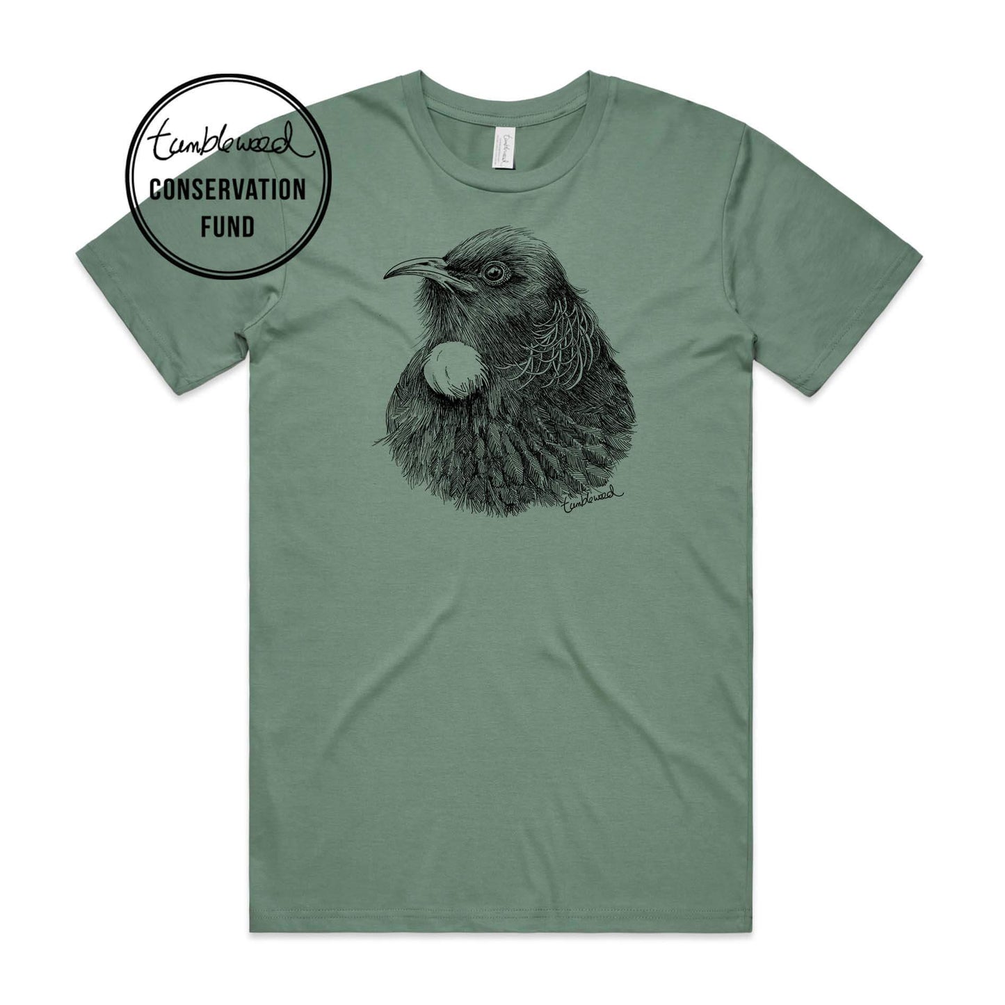 Sage, female t-shirt featuring a screen printed Tui design.