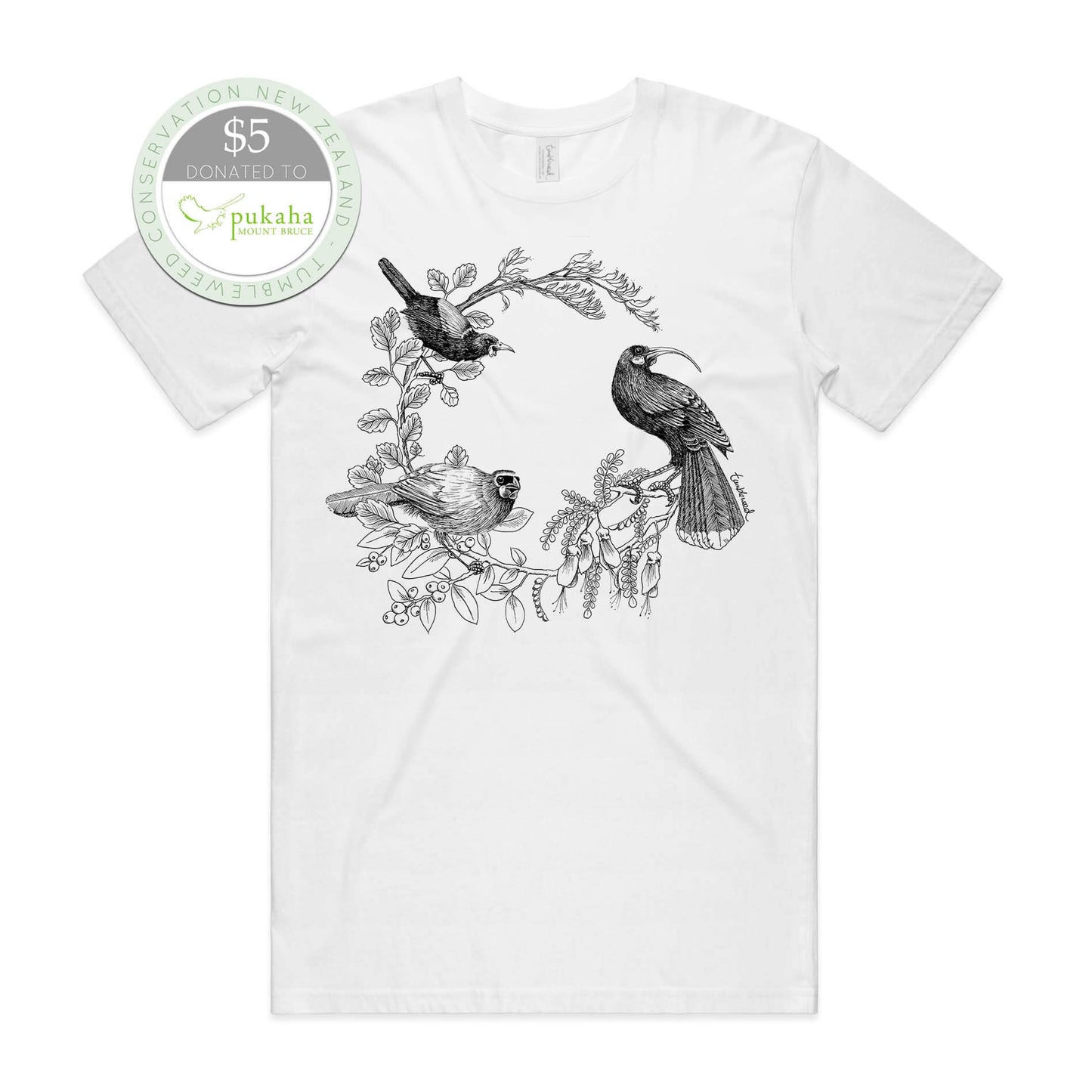 Grey marle, female t-shirt featuring a screen printed Kōkako huia saddleback/tīeke design.
