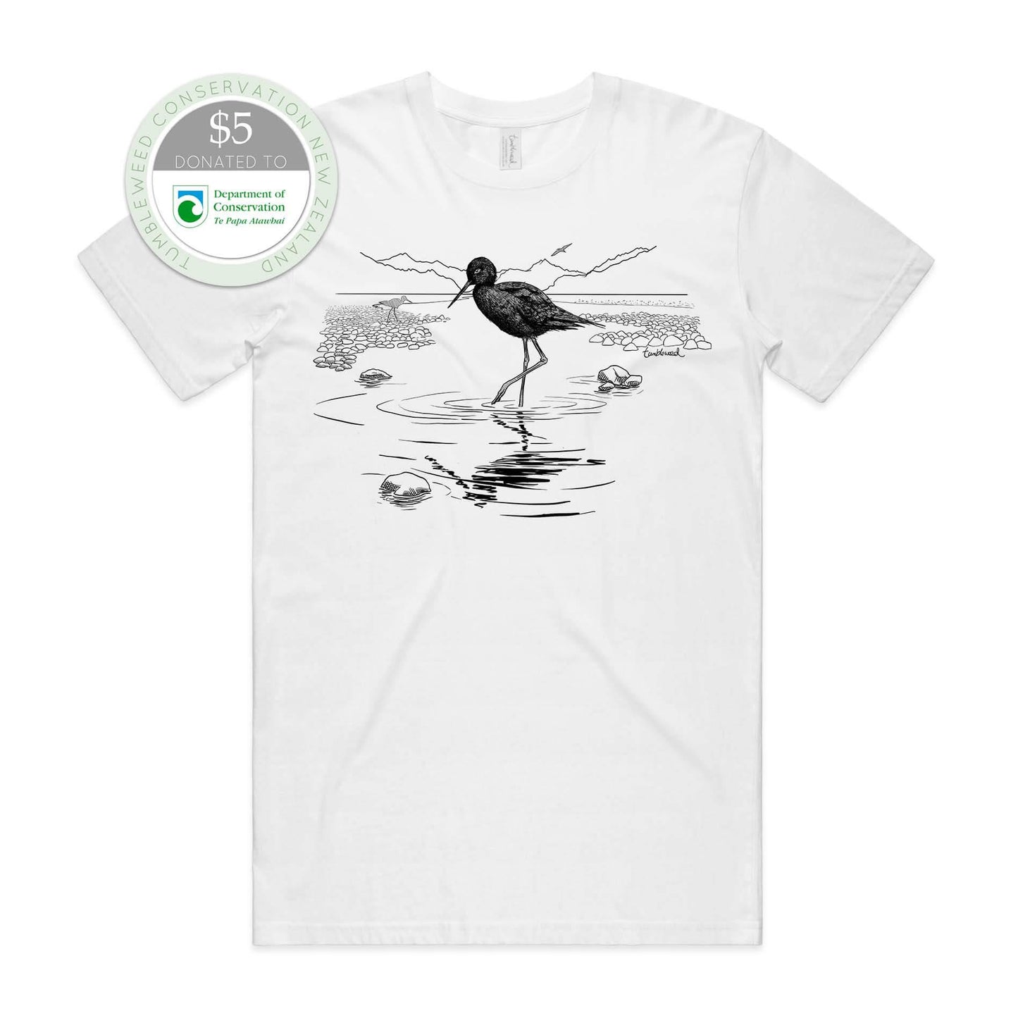 White, female t-shirt featuring a screen printed black stilt/kaki design.