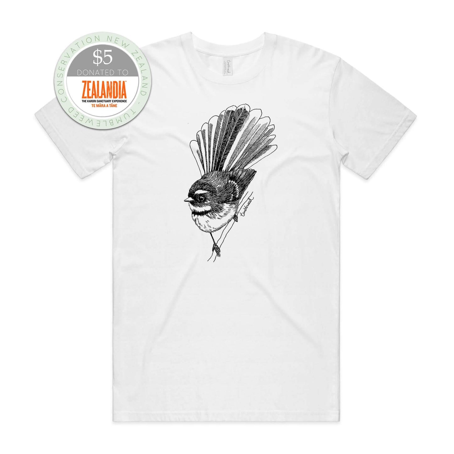 Grey marle, female t-shirt featuring a screen printed Fantail/Pīwakawaka design.