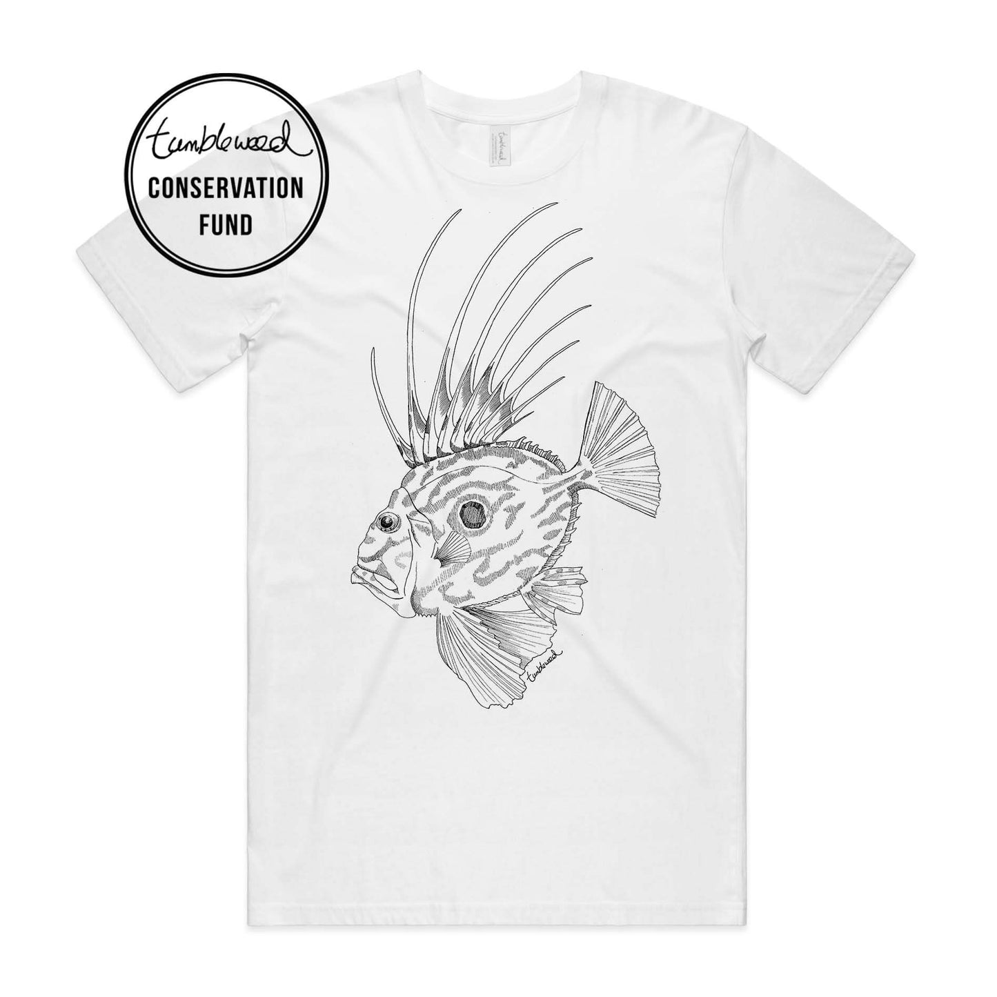 White, female t-shirt featuring a screen printed john dory design.