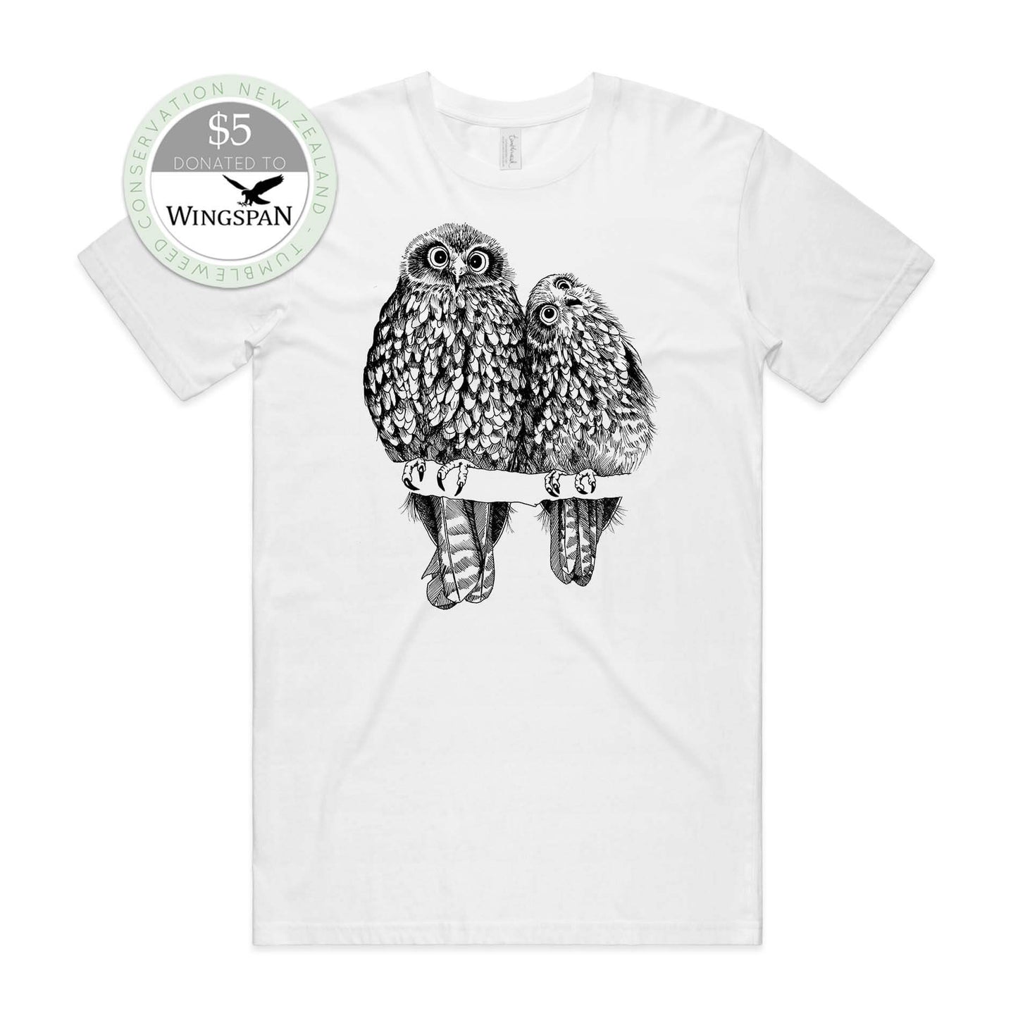 White, female t-shirt featuring a screen printed Morepork/Ruru design.