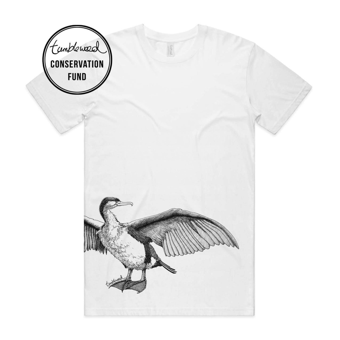 White, female t-shirt featuring a screen printed Shag design.