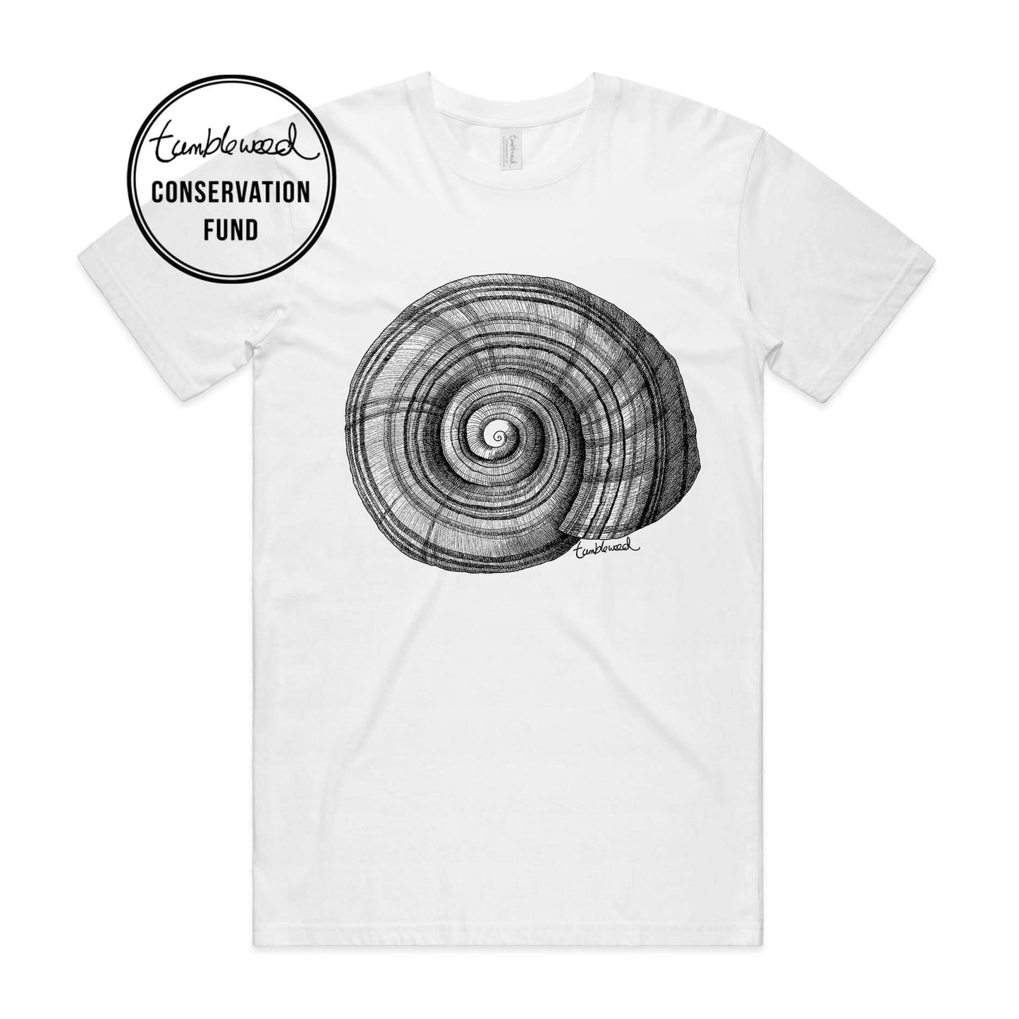 White, female t-shirt featuring a screen printed NZ Snail design.