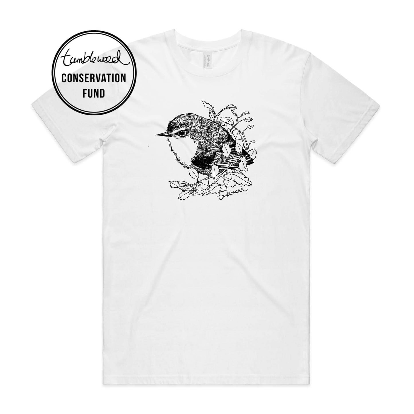 Grey marle, male t-shirt featuring a screen printed titipounamu/rifleman design.