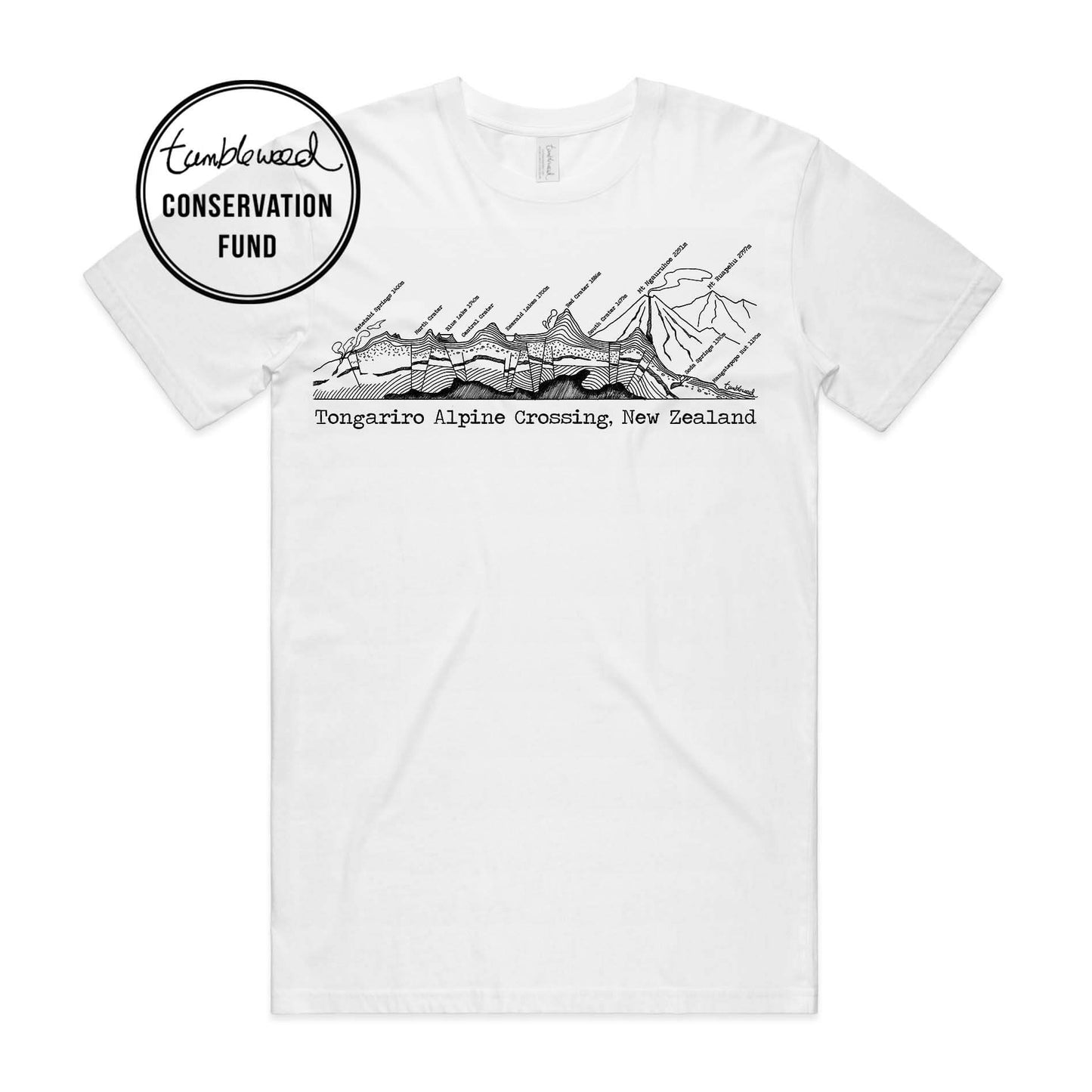 Grey marle, female t-shirt featuring a screen printed Tongariro Crossing design.