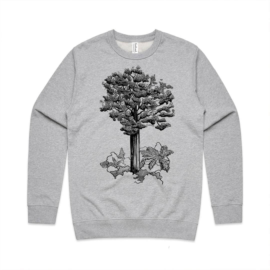 Grey marle unisex sweatshirt with a screen printed Kauri design.