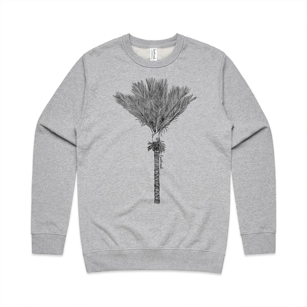 Grey marle unisex sweatshirt with a screen printed Nīkau design.