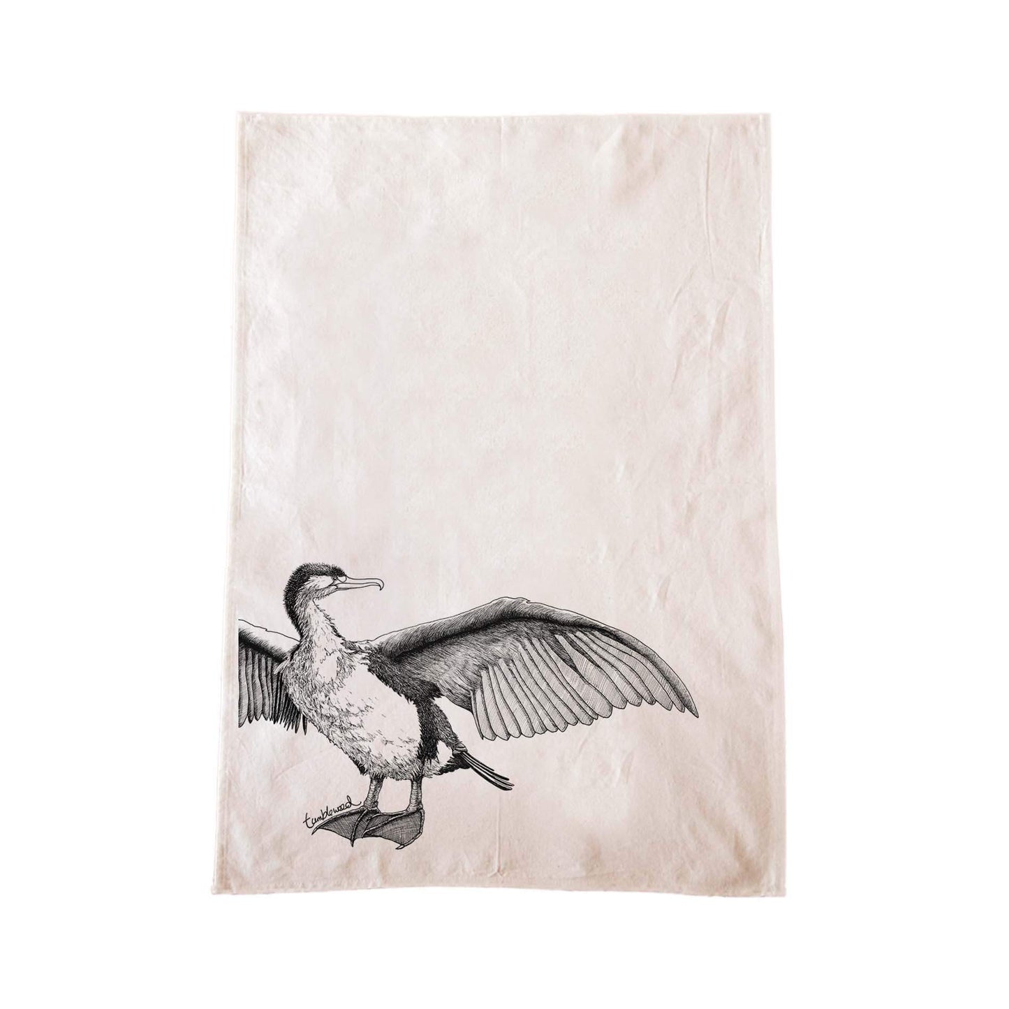 Off-white cotton tea towel with a screen printed Shag design.