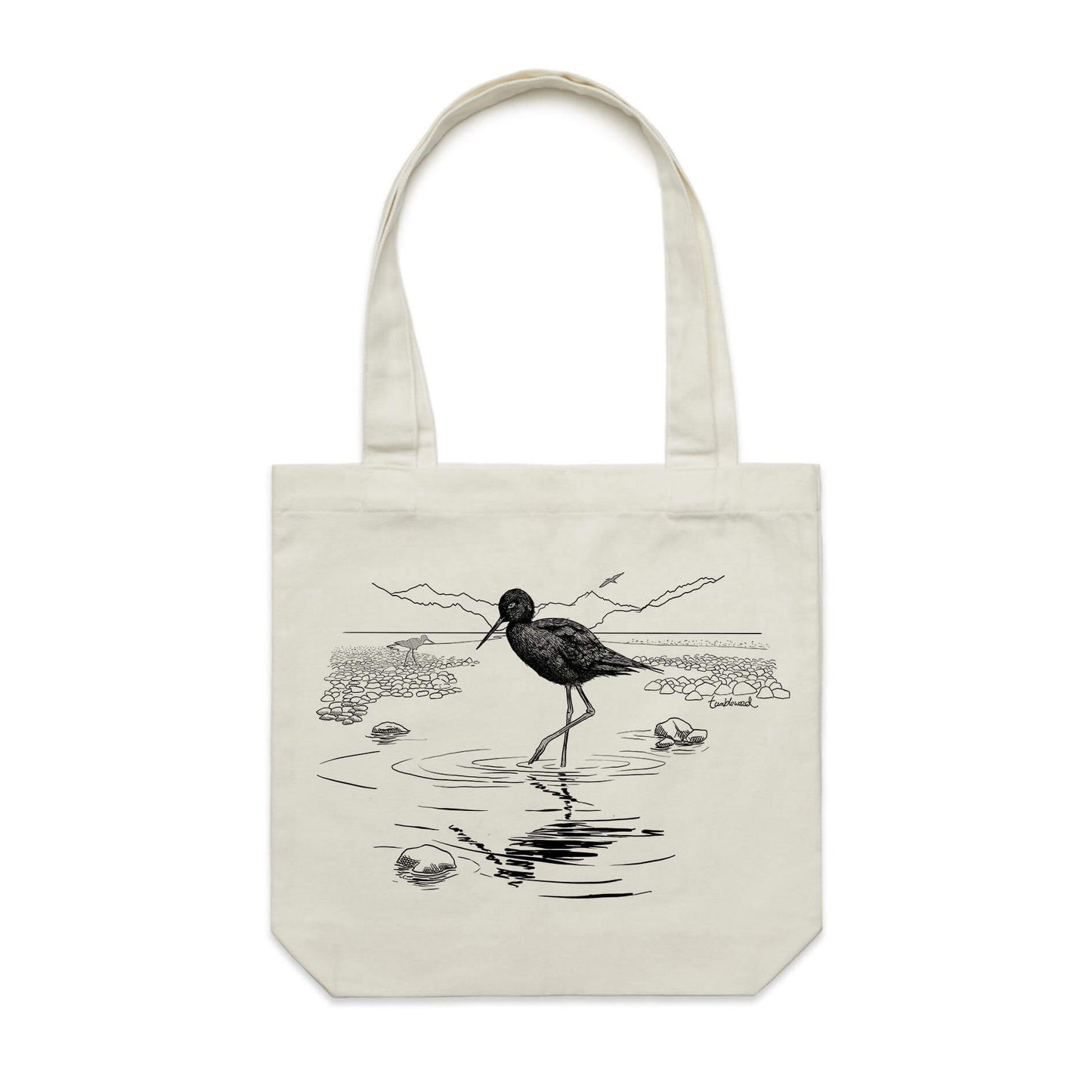 Cotton canvas tote bag with a screen printed Black stilt/Kakī design.