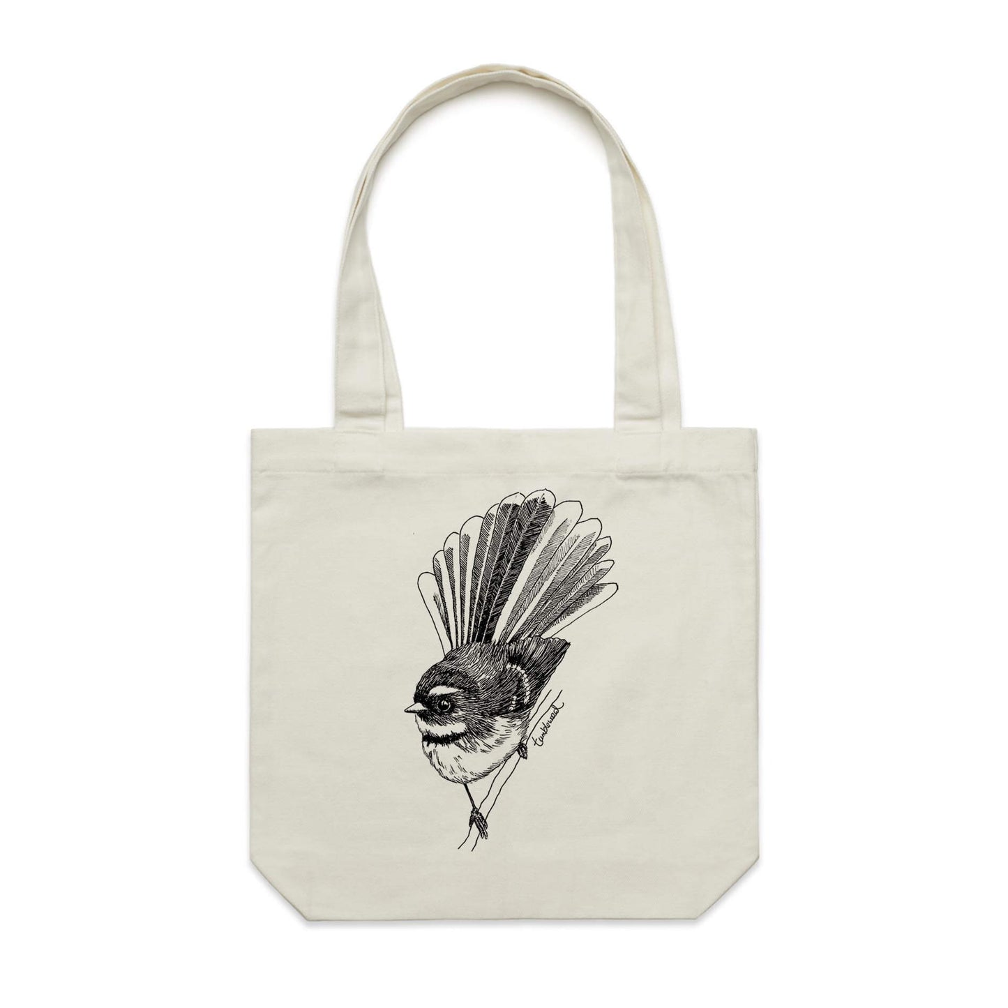 Cotton canvas tote bag with a screen printed Fantail/Pīwakawaka design.