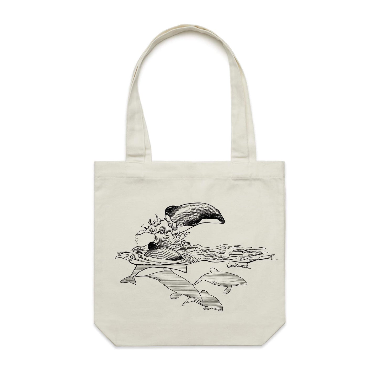 Cotton canvas tote bag with a screen printed Māui dolphin design.