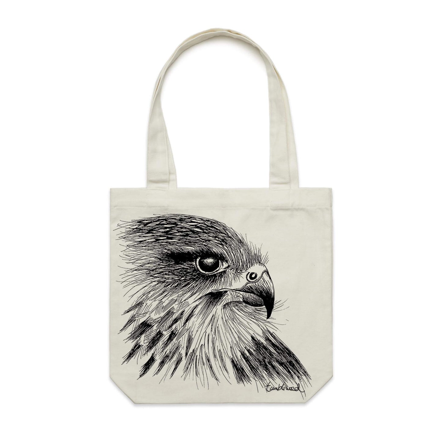 Cotton canvas tote bag with a screen printed Kārearea/NZ Falcon design.