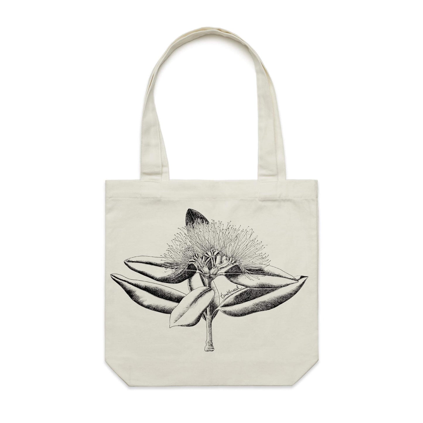 Cotton canvas tote bag with a screen printed Pōhutukawa design.
