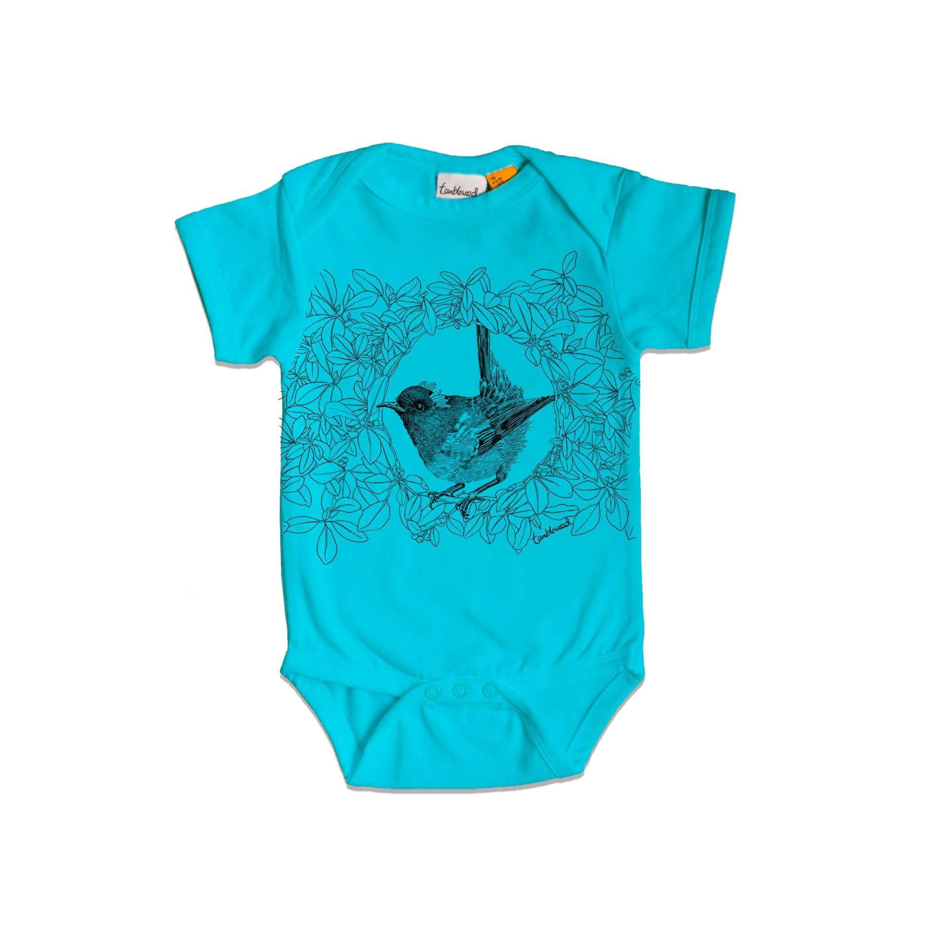 Short sleeved, blue, organic cotton, baby onesie featuring a screen printed Hihi/Stitchbird design.
 design.