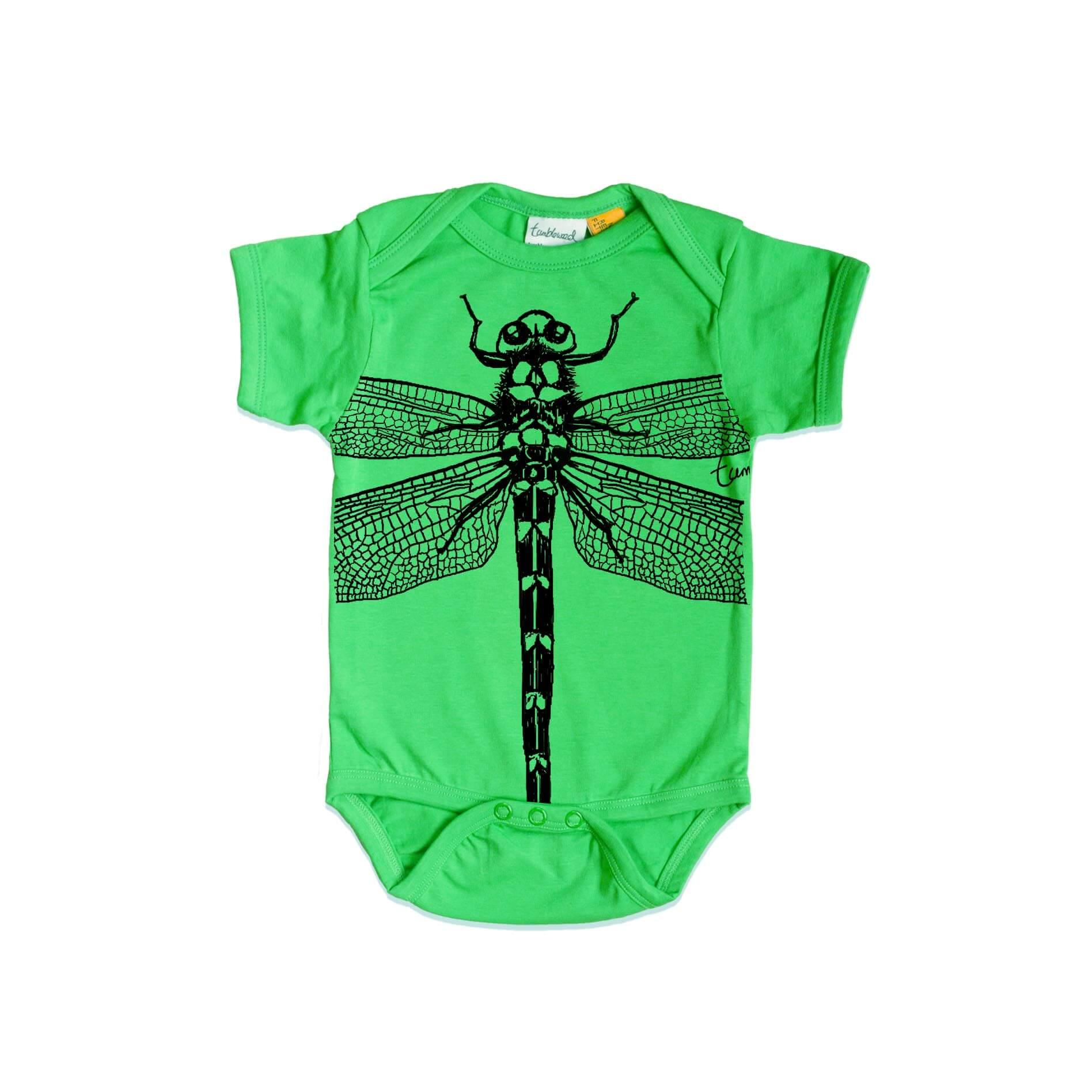 Short sleeved, green, organic cotton, baby onesie featuring a screen printed Dragonfly design.
 design.