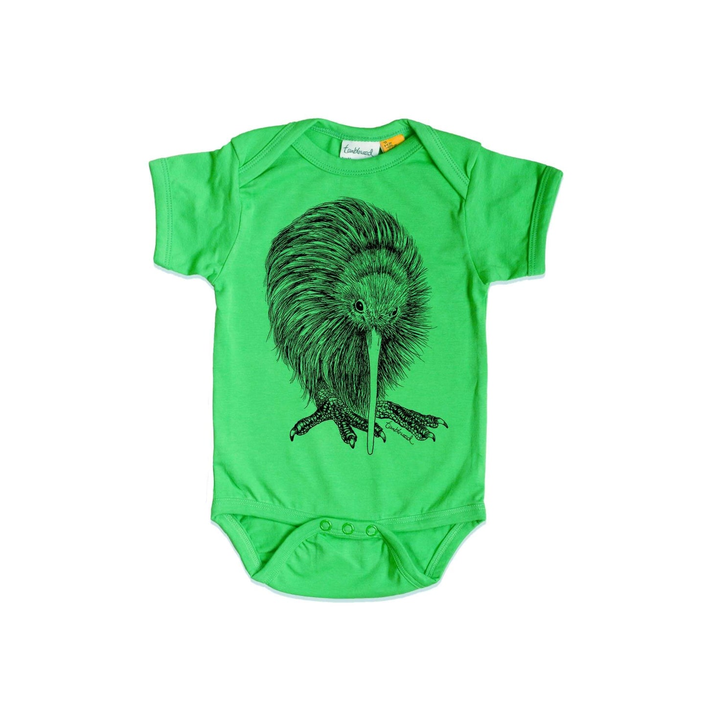 Short sleeved, green, organic cotton, baby onesie featuring a screen printed Kiwi design.
 design.