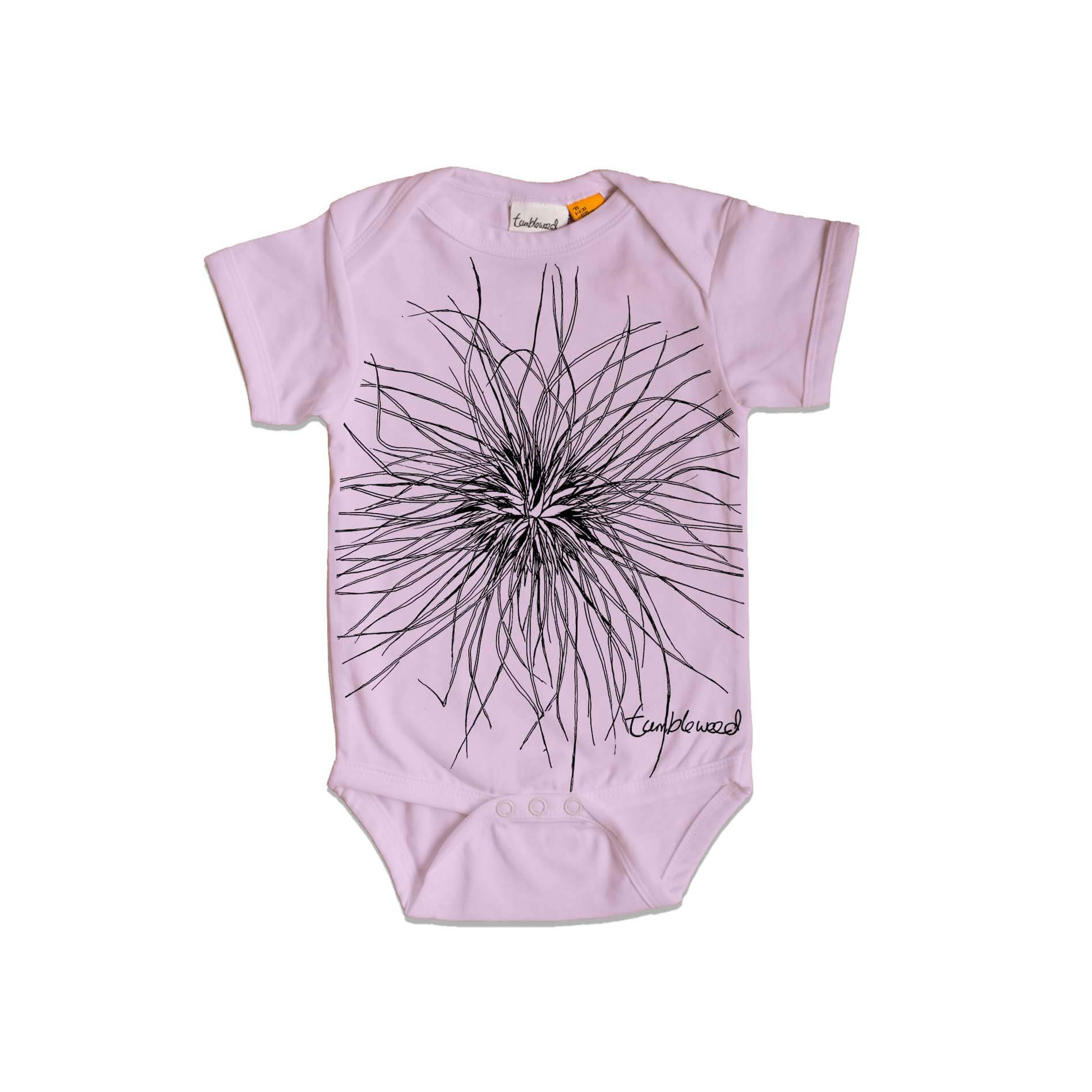 Short sleeved, purple, organic cotton, baby onesie featuring a screen printed Tumbleweed/Spinifex design.
 design.