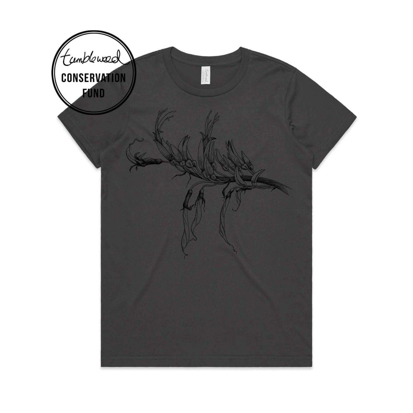 Charcoal, female t-shirt featuring a screen printed Mountain Flax design.