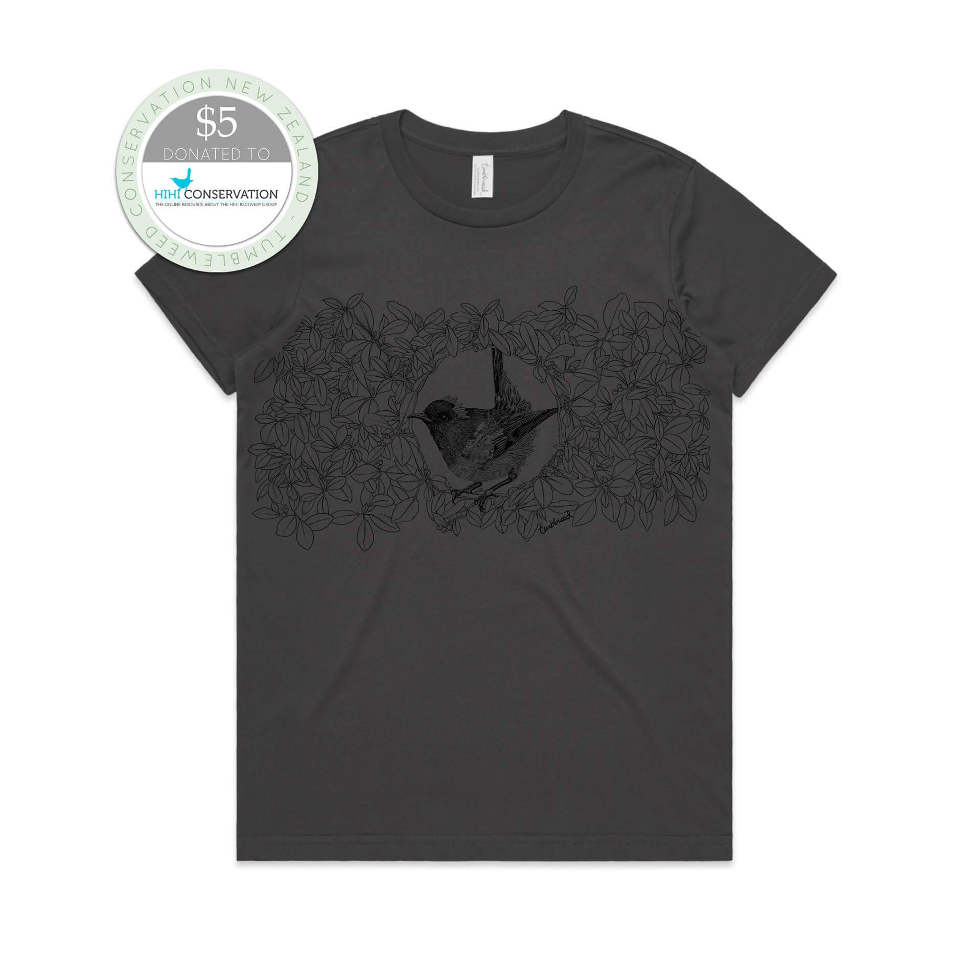 Charcoal, female t-shirt featuring a screen printed Hihi/Stitchbird design.