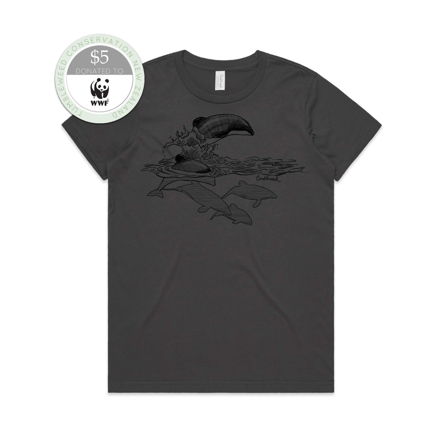 Charcoal, female t-shirt featuring a screen printed Māui dolphin design.