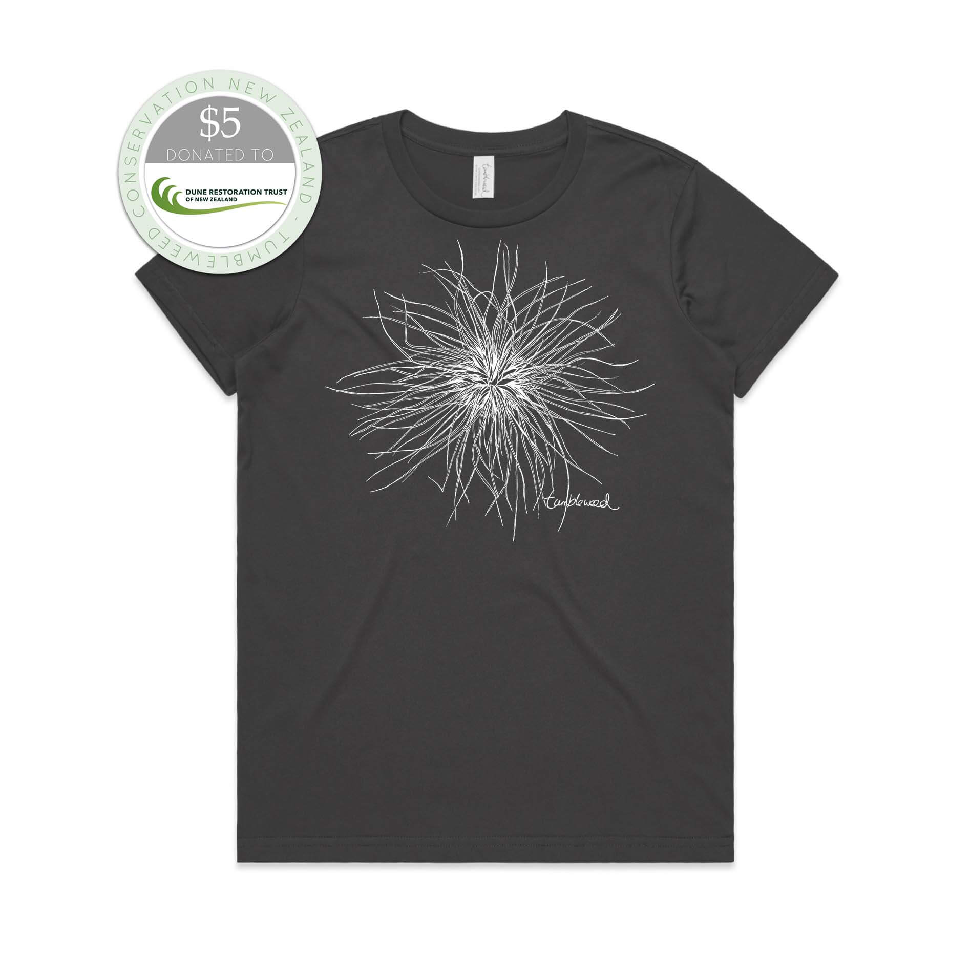Charcoal, female t-shirt featuring a screen printed Tumbleweed design.