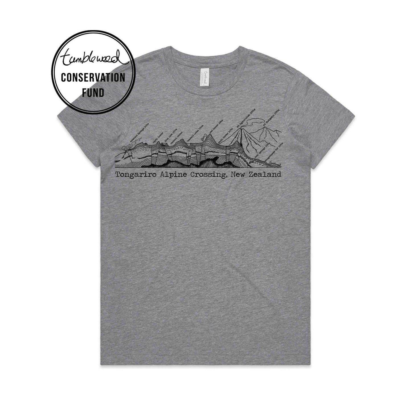 Grey marle, female t-shirt featuring a screen printed Tongariro Crossing design.