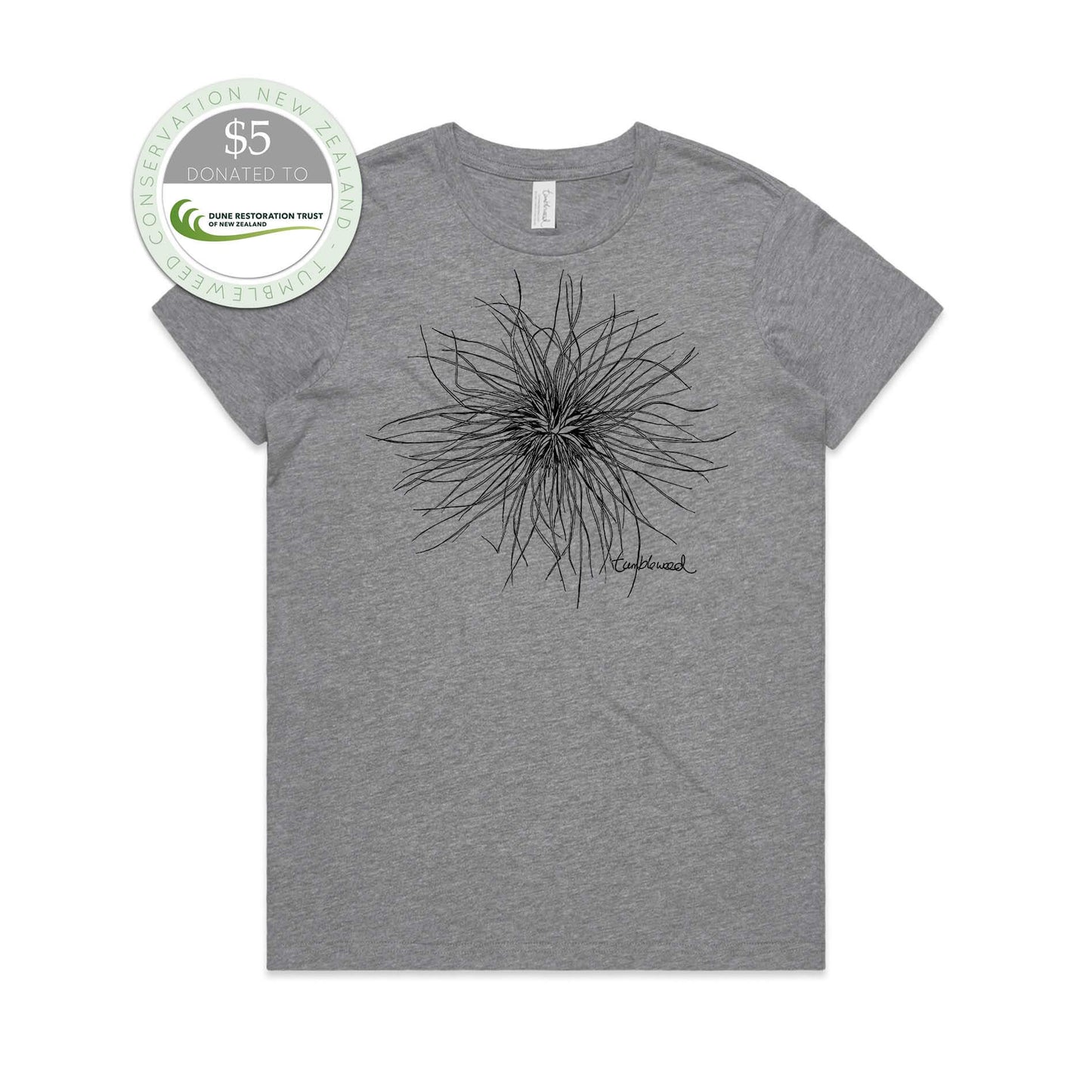 Grey marle, female t-shirt featuring a screen printed Tumbleweed design.