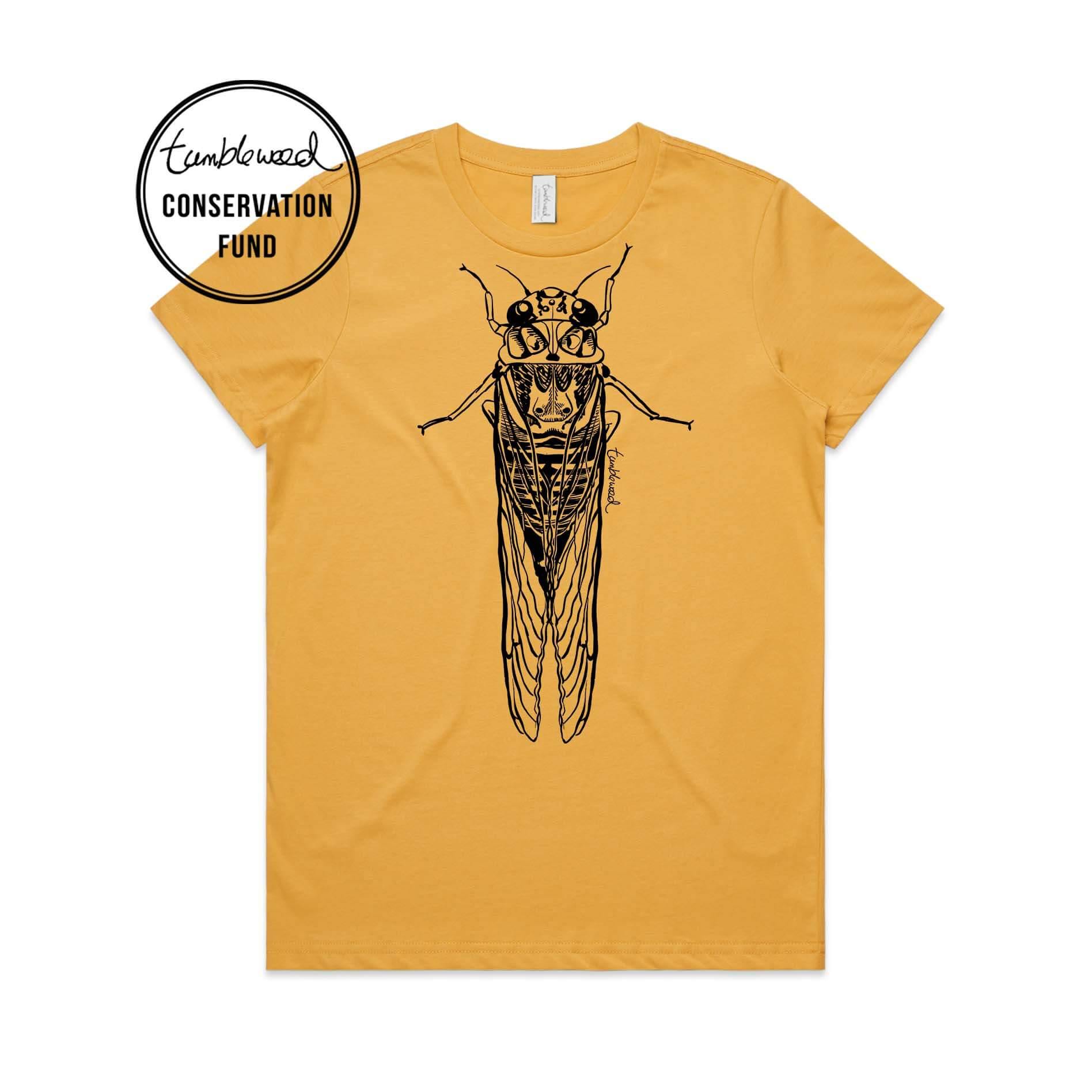 Mustard, female t-shirt featuring a screen printed black Cicada/kihikihi-wawā design.
