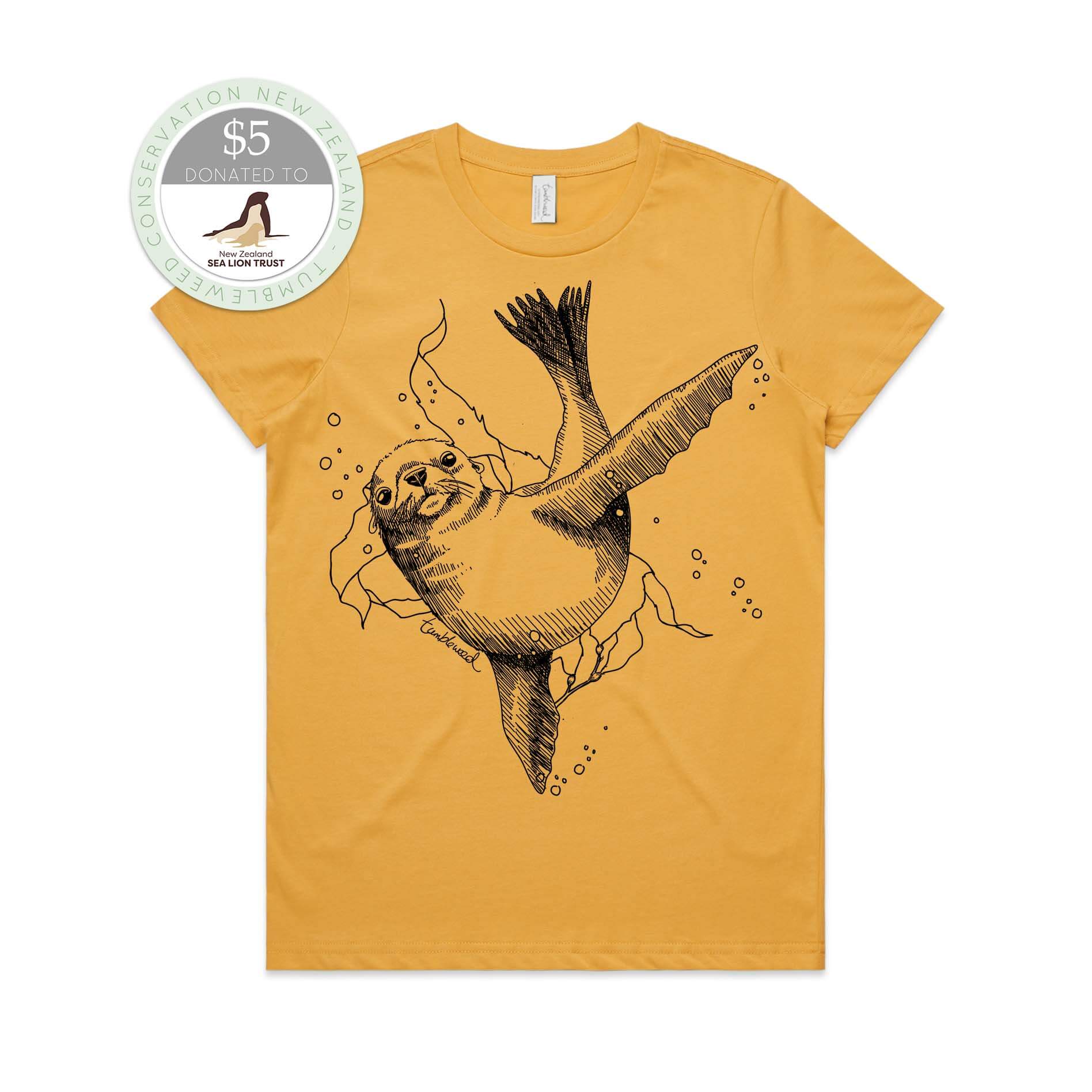 Mustard, female t-shirt featuring a screen printed New Zealand sea lion design.