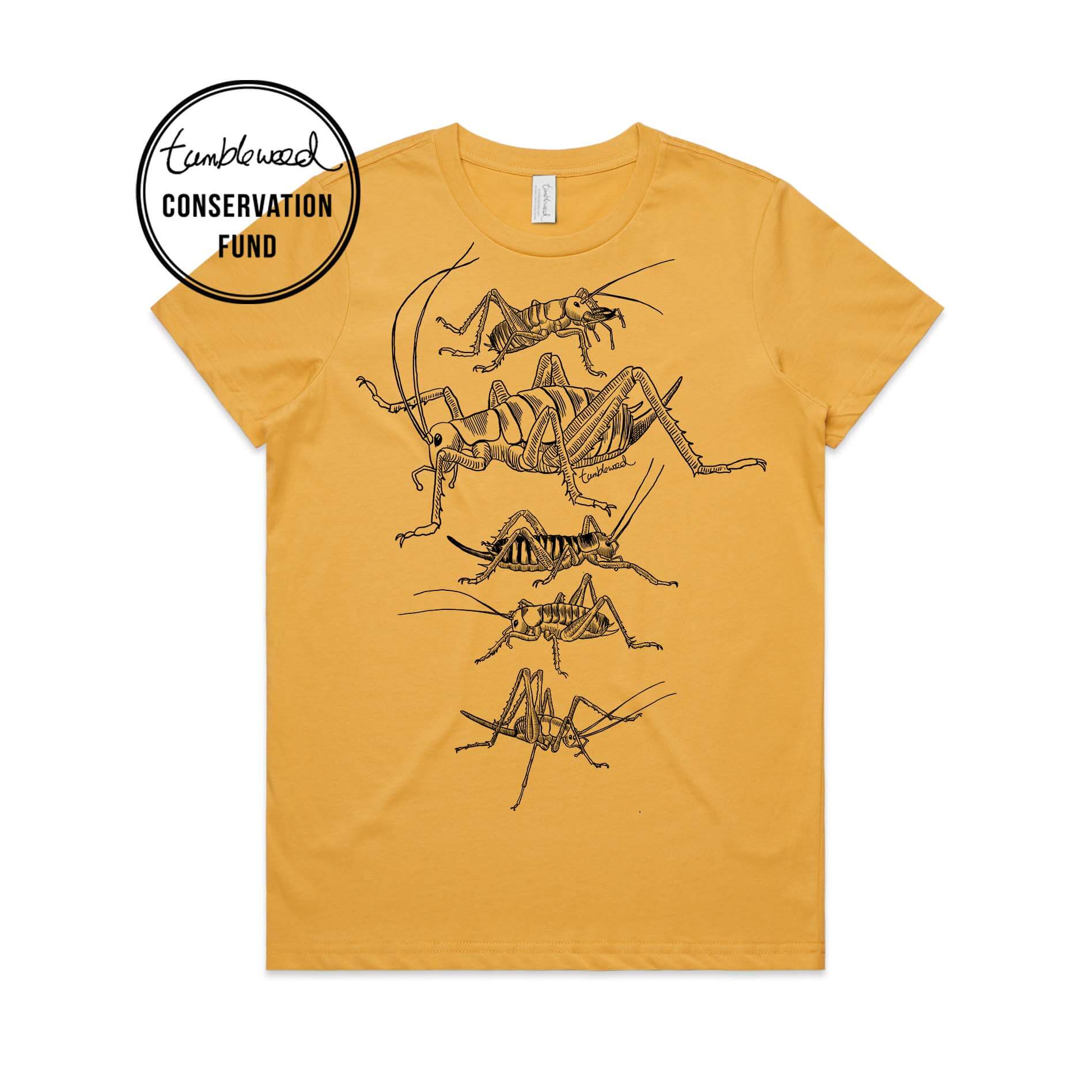 Mustard, female t-shirt featuring a screen printed Wētā design.